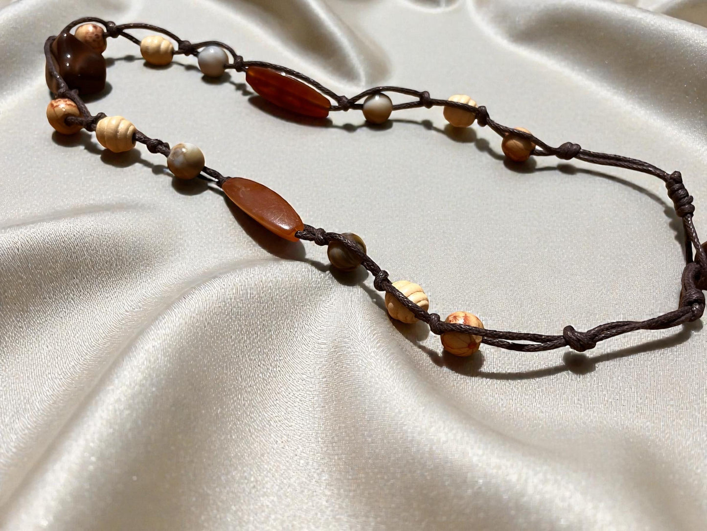 Earthy Boho Beaded Necklace | Adjustable Cord Necklace | Natural Stone & Wood Bead Jewelry | Artisan Bohemian Necklace
