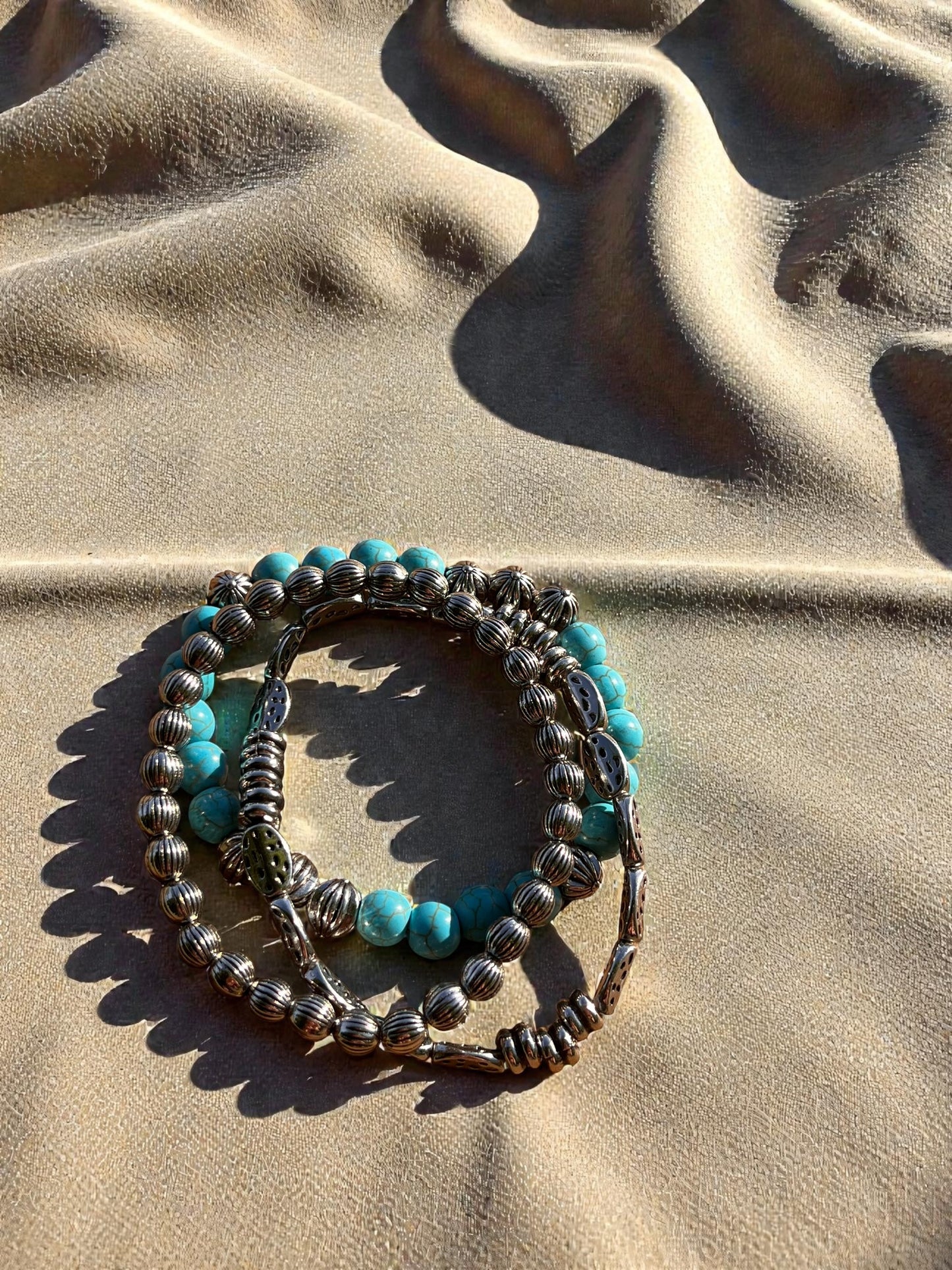 Turquoise Beaded Bracelet Set, 3 Piece Silver Stack, Boho Southwestern Jewelry, Stretch Bracelets, Layered Bracelet Set, Gift for Her