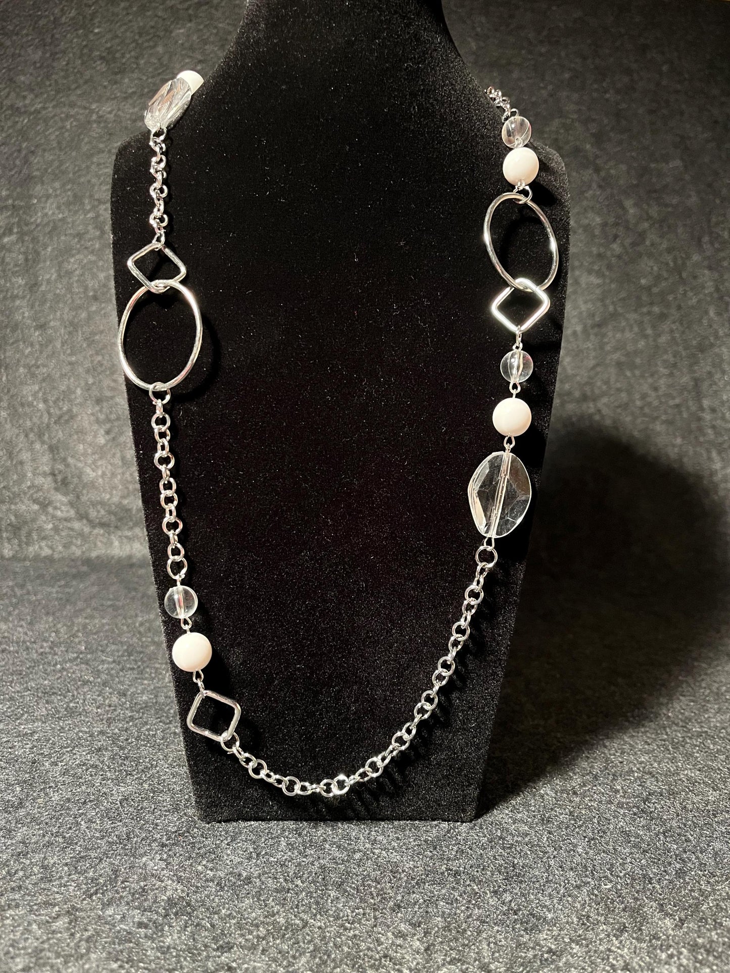 Long Silver Statement Necklace, Modern Geometric Necklace, Crystal Beaded Long Necklace, Minimalist Silver Chain Necklace, Everyday Chic