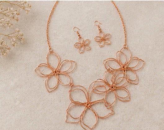 Boho Copper Wire Flower Necklace and Earrings Set | Sculptural Statement Collar Jewelry
