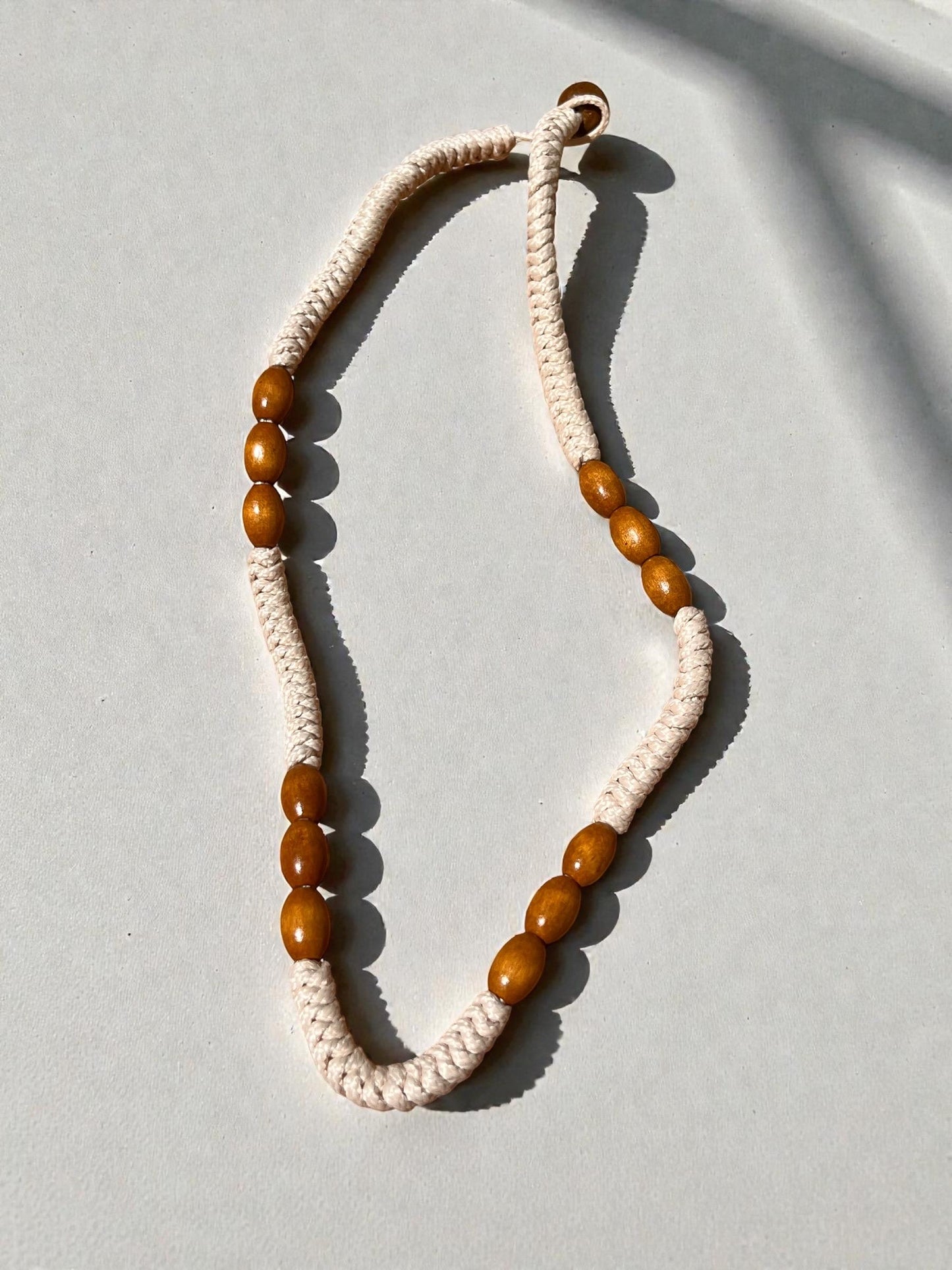 Cream Braided Cord Necklace with Wooden Beads | Neutral Boho Necklace | Minimalist Beach Jewelry | Lightweight Artisan Necklace