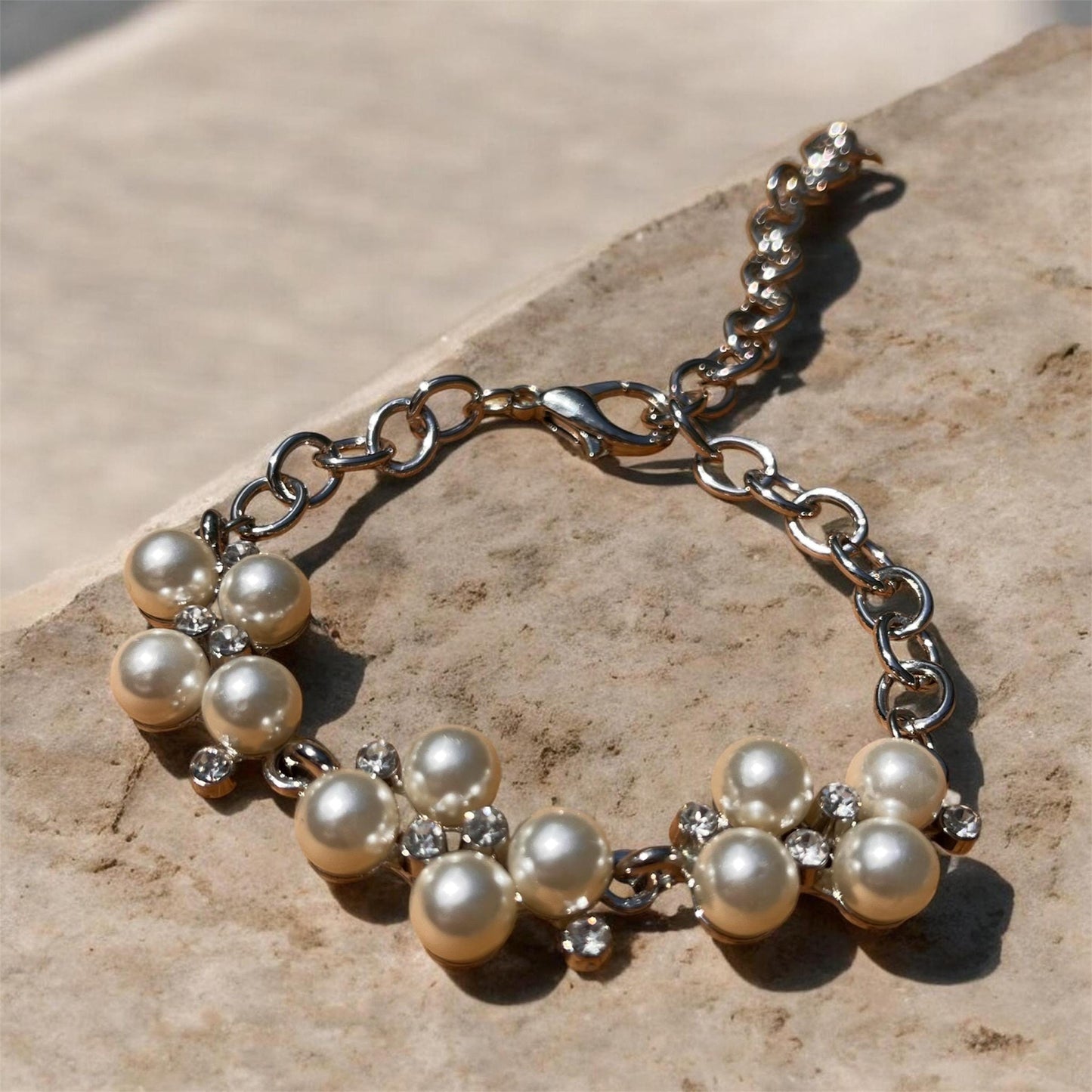 Pearl Bridal Jewelry Set, Necklace  Bracelet, Rhinestone Accents, Silver Tone