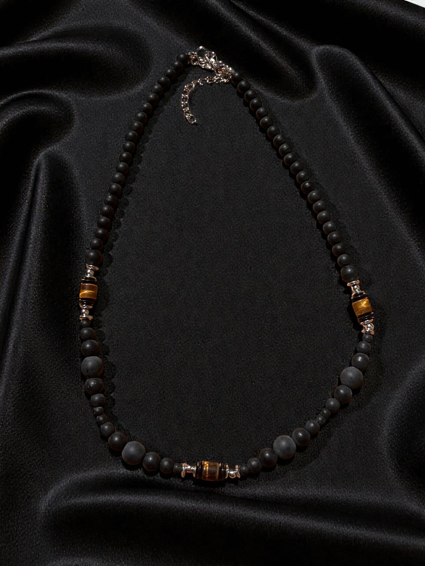 Men’s Black Beaded Necklace | Tiger Eye Accent Necklace | Minimalist Men’s Stone Necklace | Modern Boho Men’s Jewelry