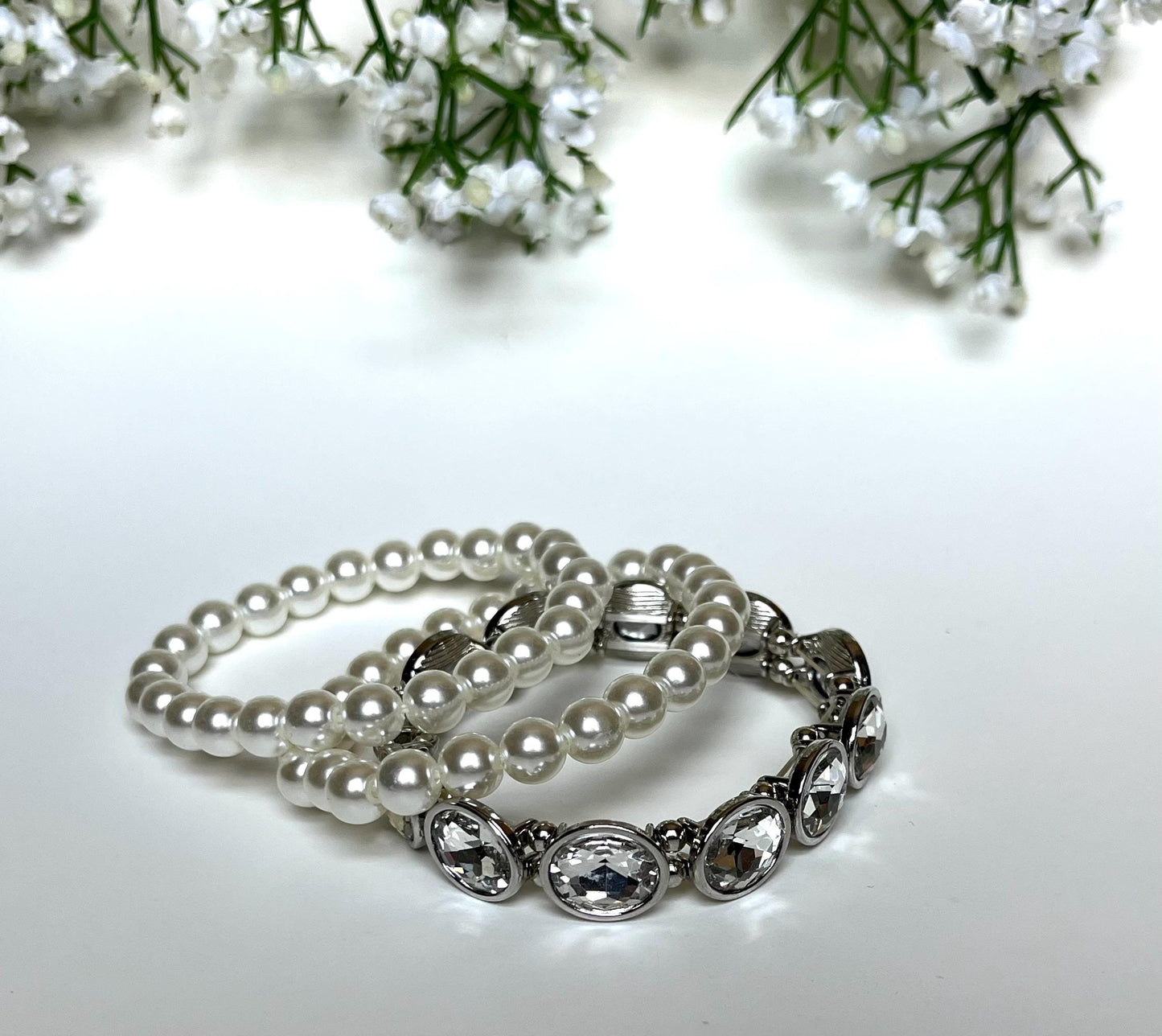 Pearl Bracelet Set with Rhinestones | Bridal Jewelry Set | Elegant White Beaded Stretch Bracelets | Wedding Jewelry | Classic Glam