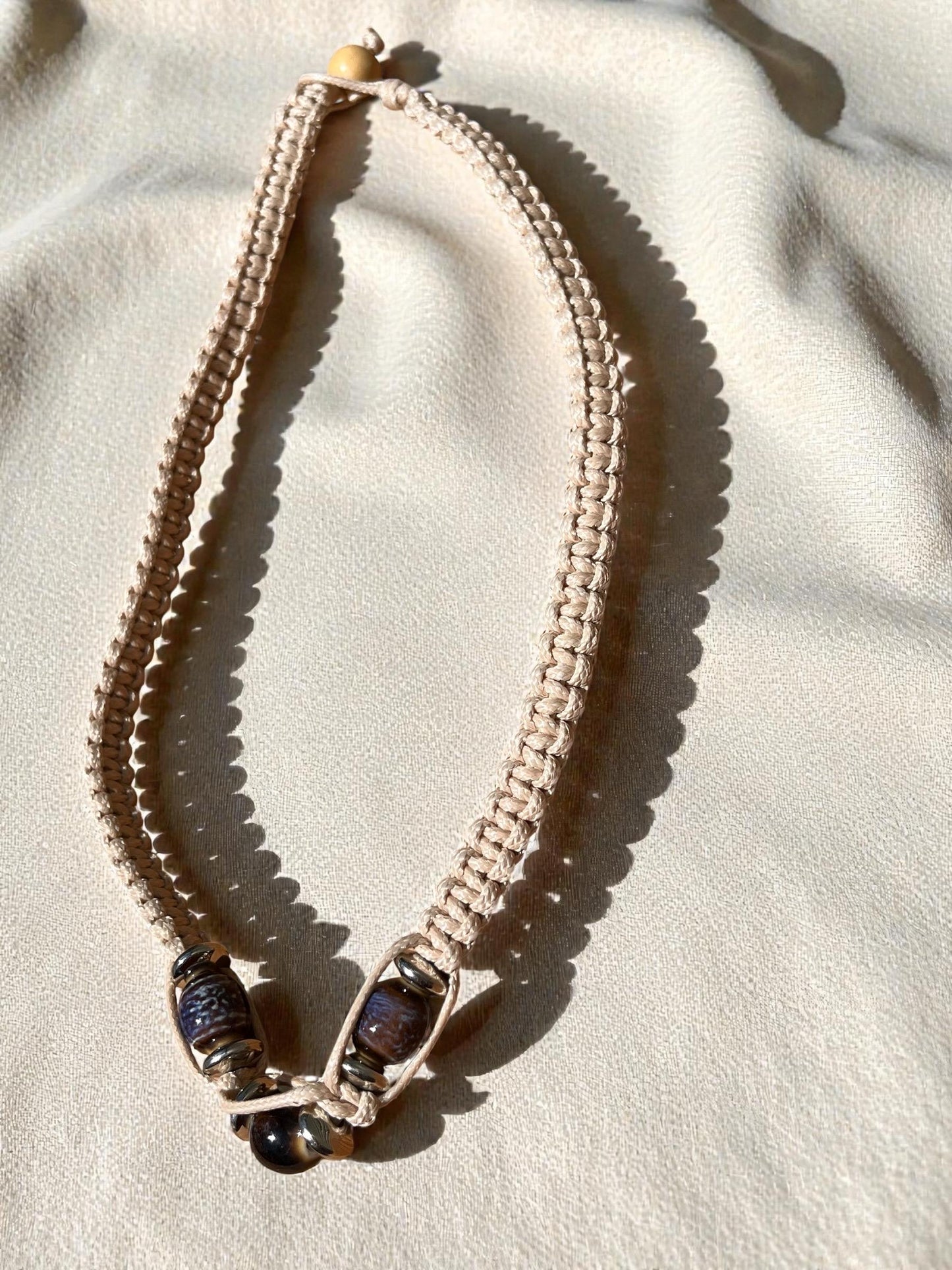 Cream Macramé Beaded Necklace | Neutral Boho Cord Necklace | Adjustable Artisan Jewelry | Coastal Minimalist Necklace