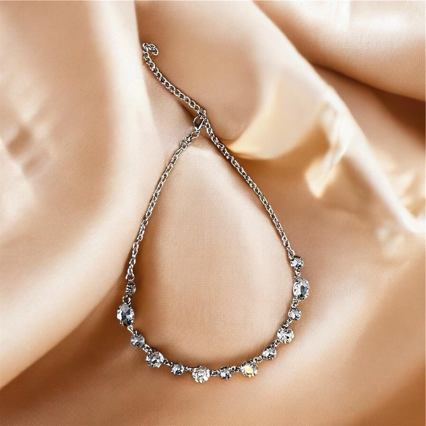 Silver Crystal Station Necklace, Elegant Bridal Wedding Jewelry