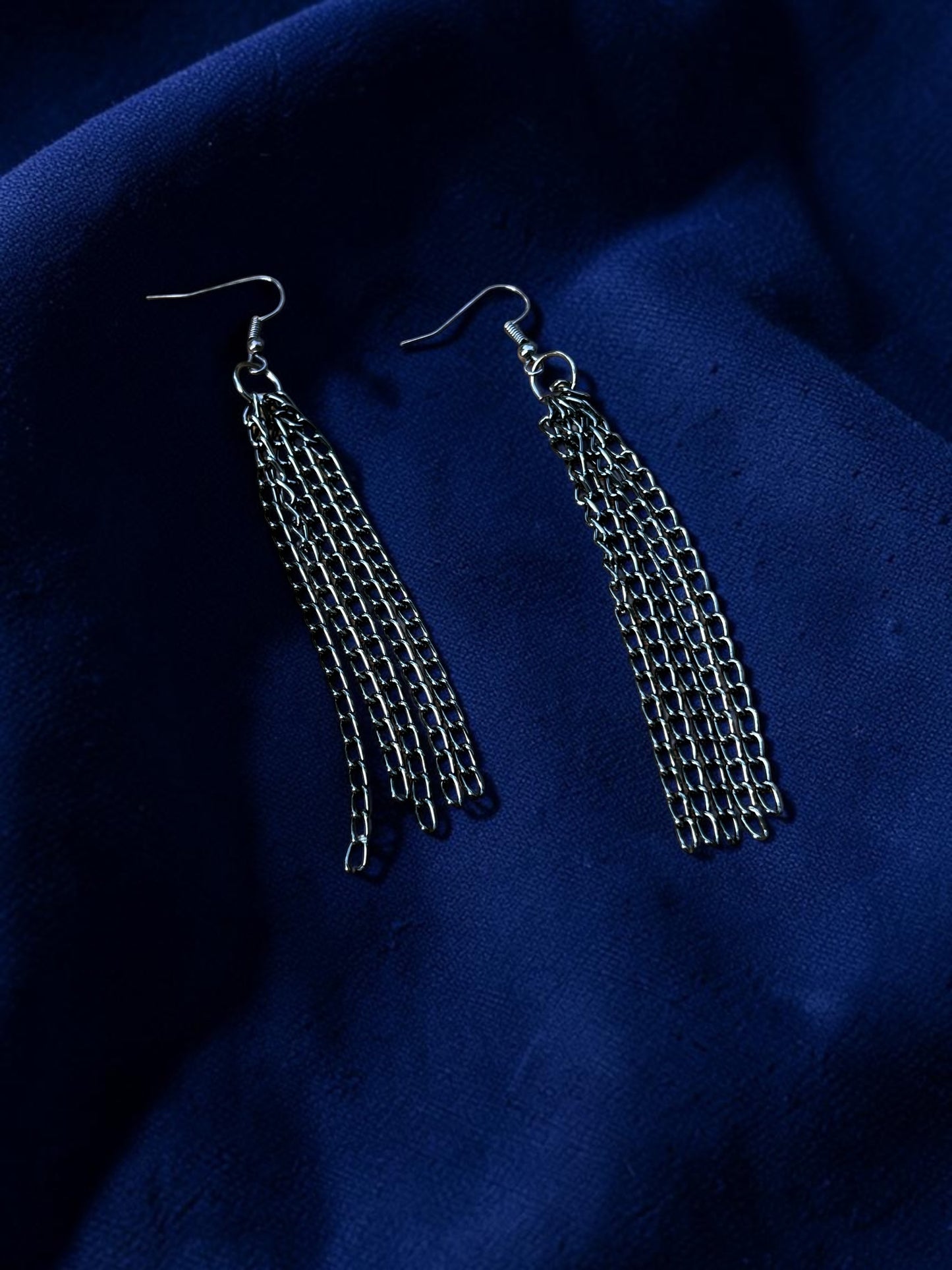 Long Dark Silver Chain Tassel Earrings | 4 Inch Statement Dangle Earrings | Lightweight Fringe Earrings | Boho Rock Chic Jewelry | Handmade Gift for Her