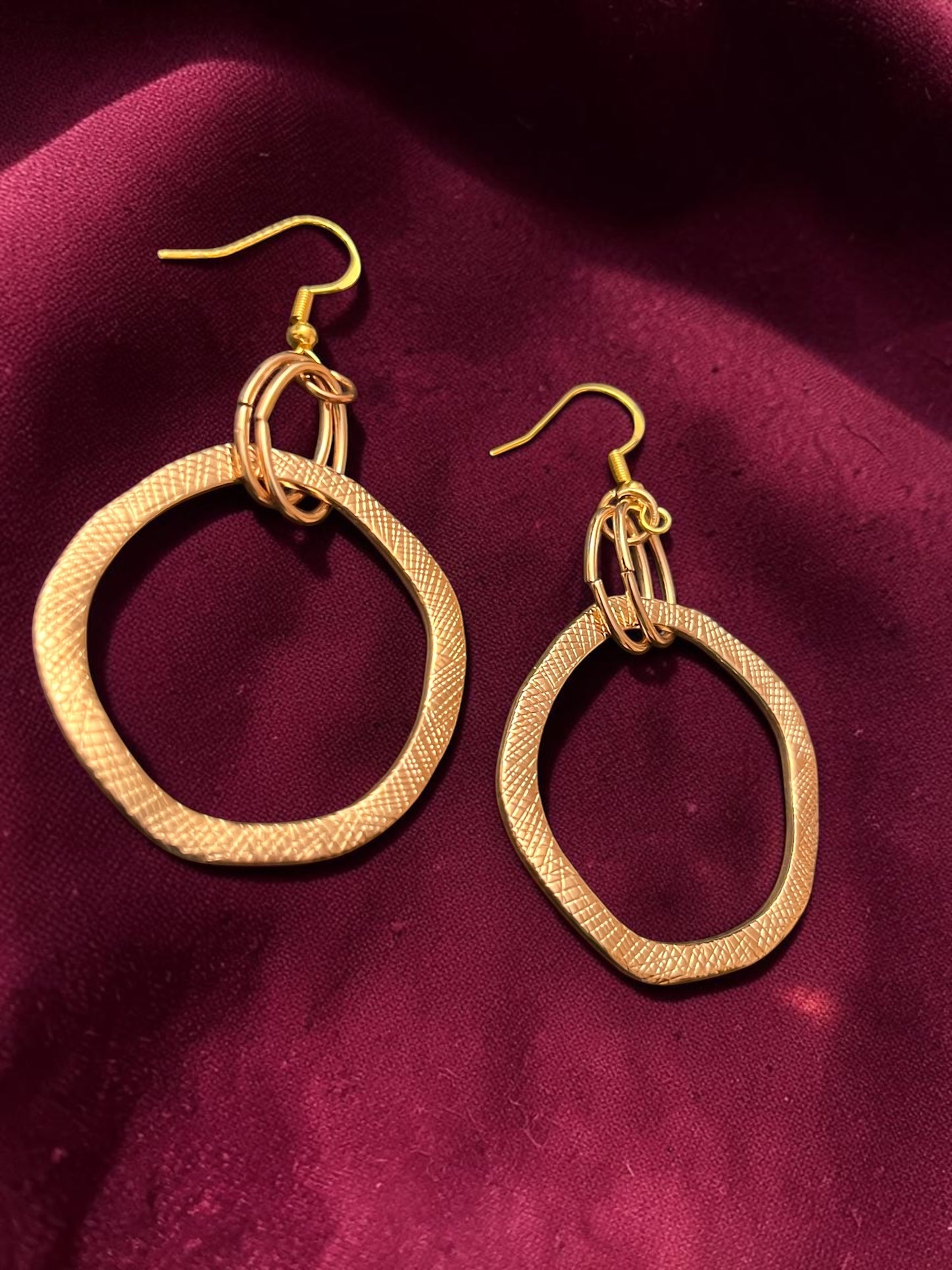Textured Gold Circle Drop Earrings | Large 3 Inch Statement Dangle Earrings