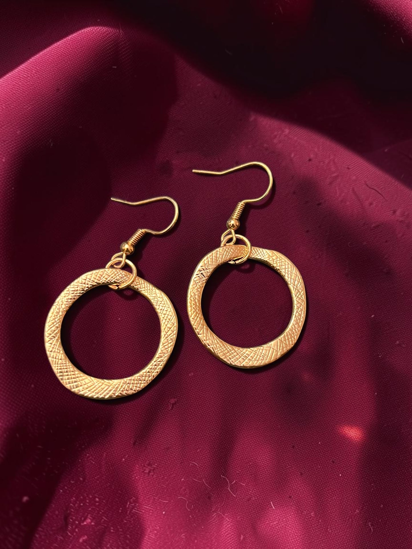 Textured Gold Circle Earrings | Everyday Gold Drop Earrings | Lightweight Dangle Earrings