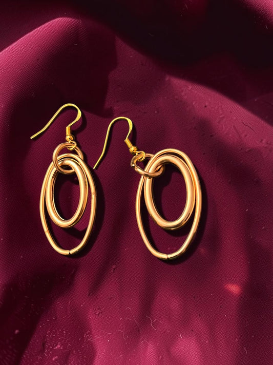 Layered Gold Oval Drop Earrings | Double Oval Dangle Earrings | Modern Geometric Statement Earrings