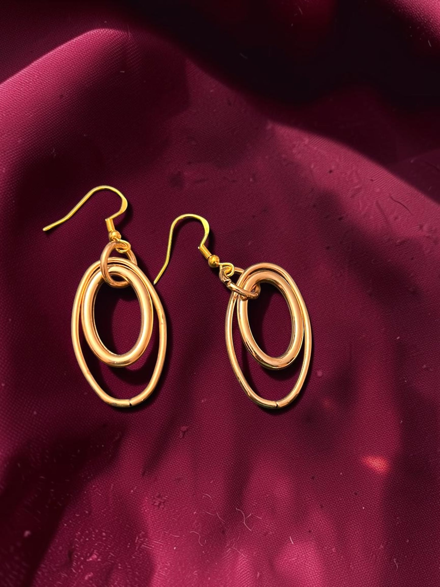 Layered Gold Oval Drop Earrings | Double Oval Dangle Earrings | Modern Geometric Statement Earrings