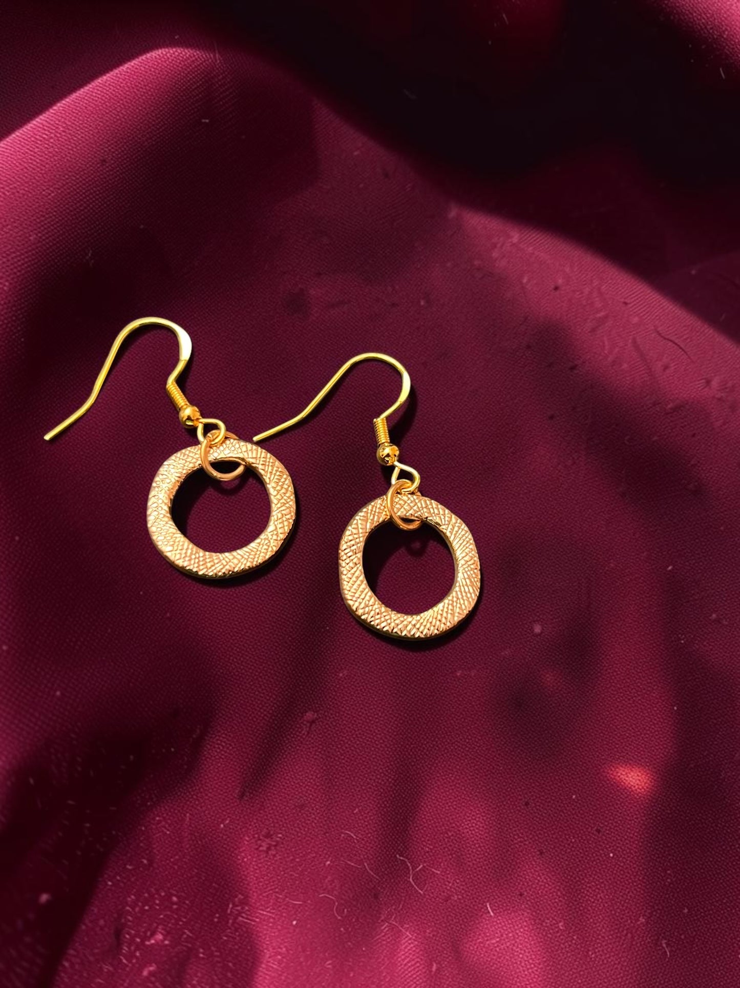 Textured Gold Circle Earrings | Small Open Circle Drop Earrings | Geometric Gold Dangle Earrings | Everyday Gold Jewelry