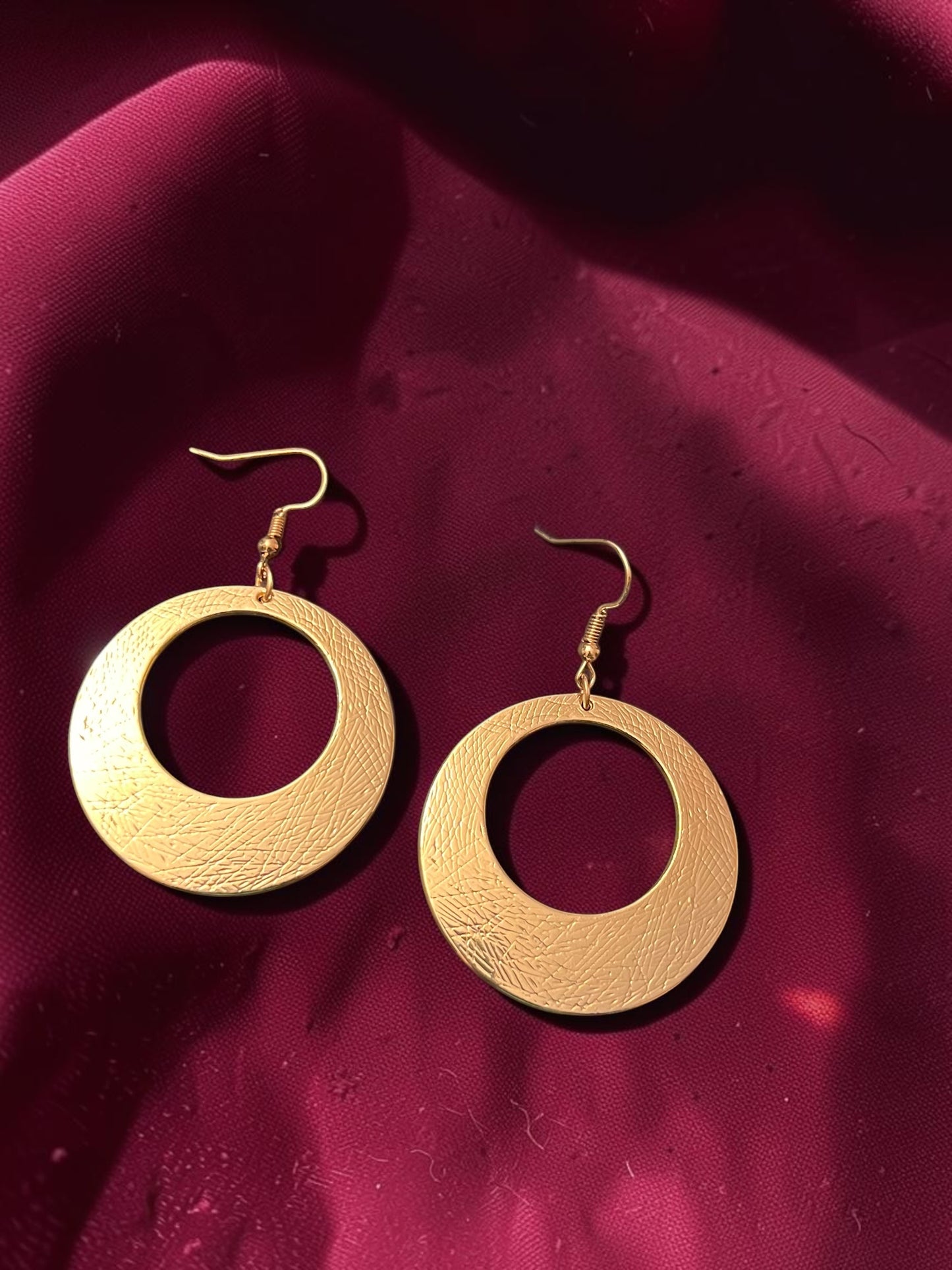 Textured Gold Circle Earrings | Large Open Circle Dangle Earrings | Geometric Gold Statement Earrings | Modern Gold Drop Earrings