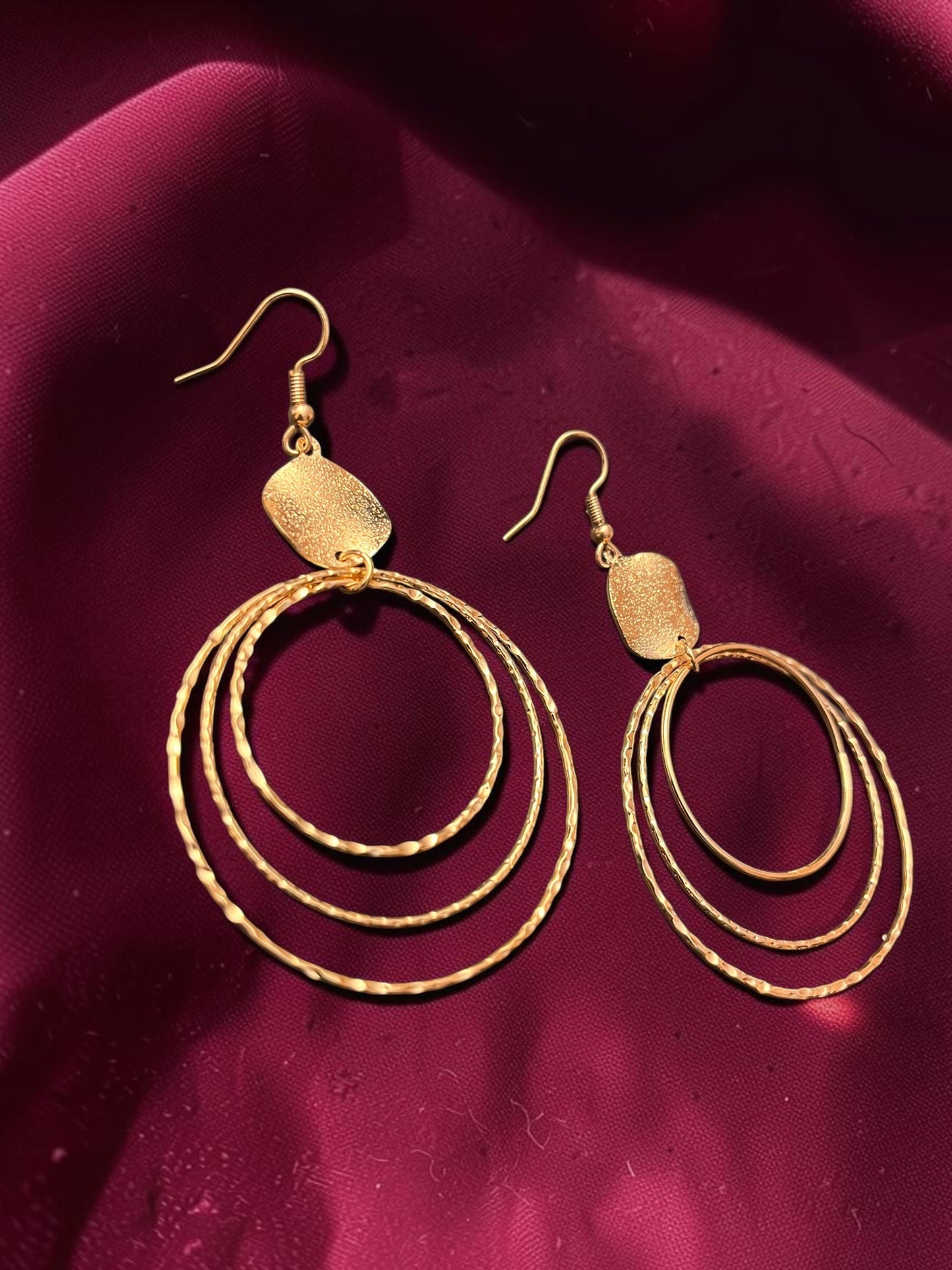 Gold Triple Hoop Earrings | Hammered Gold Statement Earrings | Layered Circle Dangle Earrings | Boho Geometric Jewelry | Gift for Her