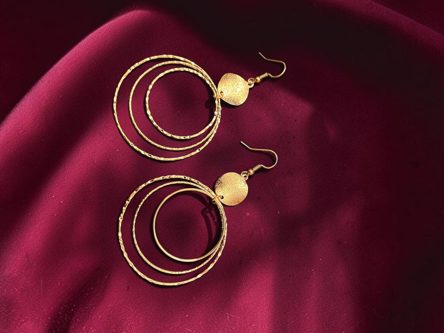 Gold Triple Hoop Earrings | Hammered Gold Statement Earrings | Layered Circle Dangle Earrings | Boho Geometric Jewelry | Gift for Her