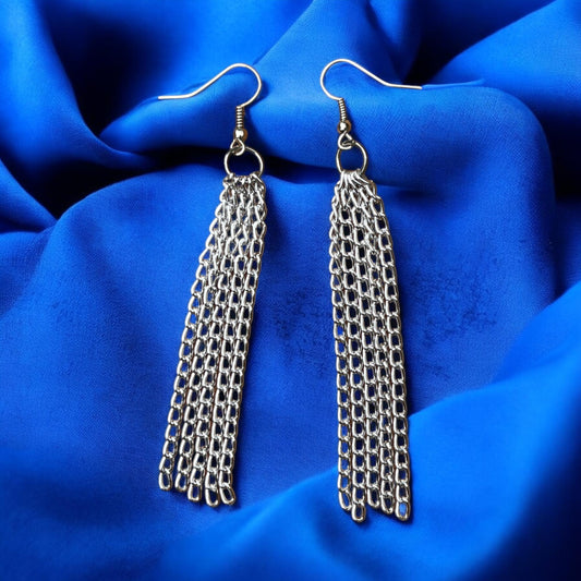 Silver Chain Tassel Earrings | Long Fringe Statement Dangle Earrings