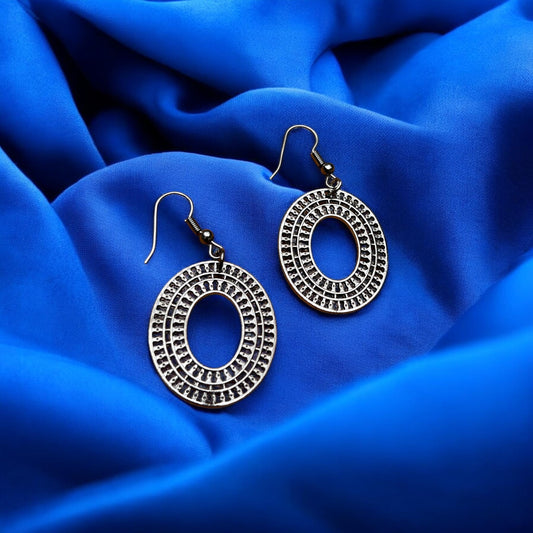 Large Gunmetal Openwork Oval Earrings | Geometric Statement Dangles
