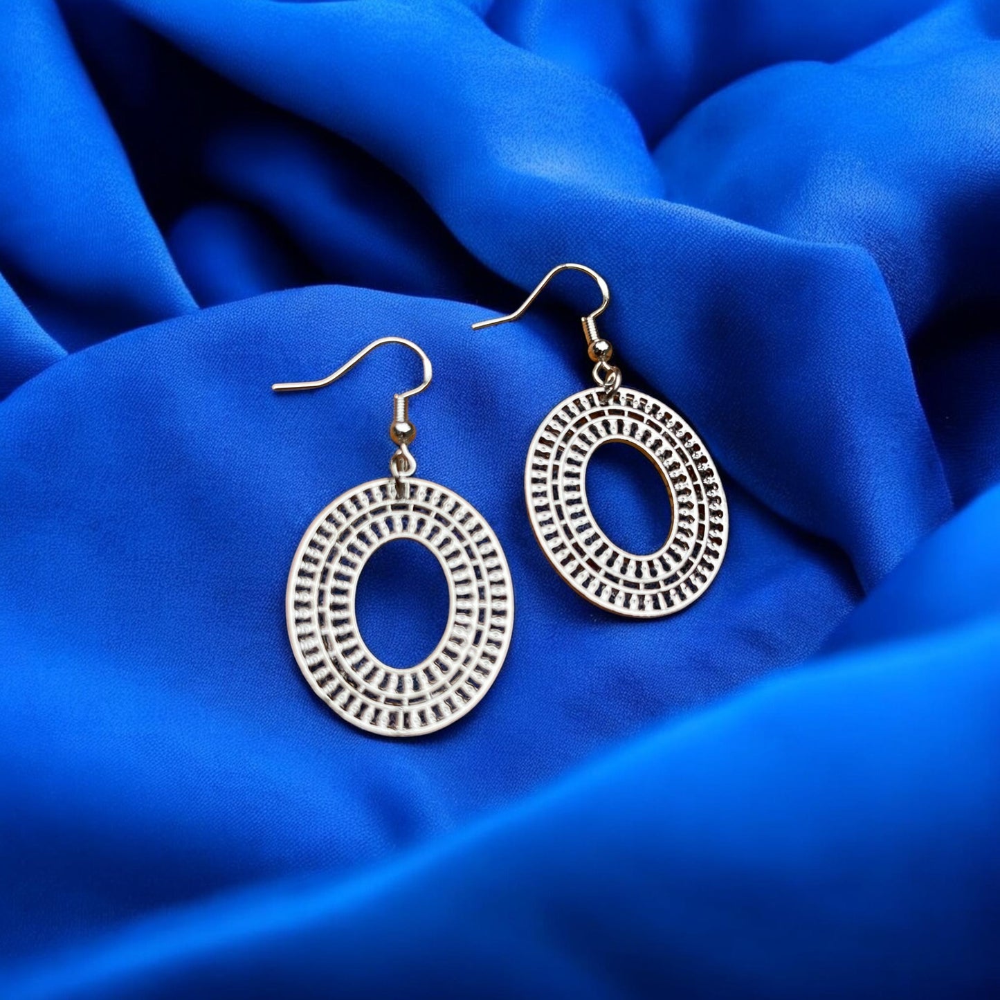Large Silver Openwork Oval Earrings | Geometric Statement Dangles