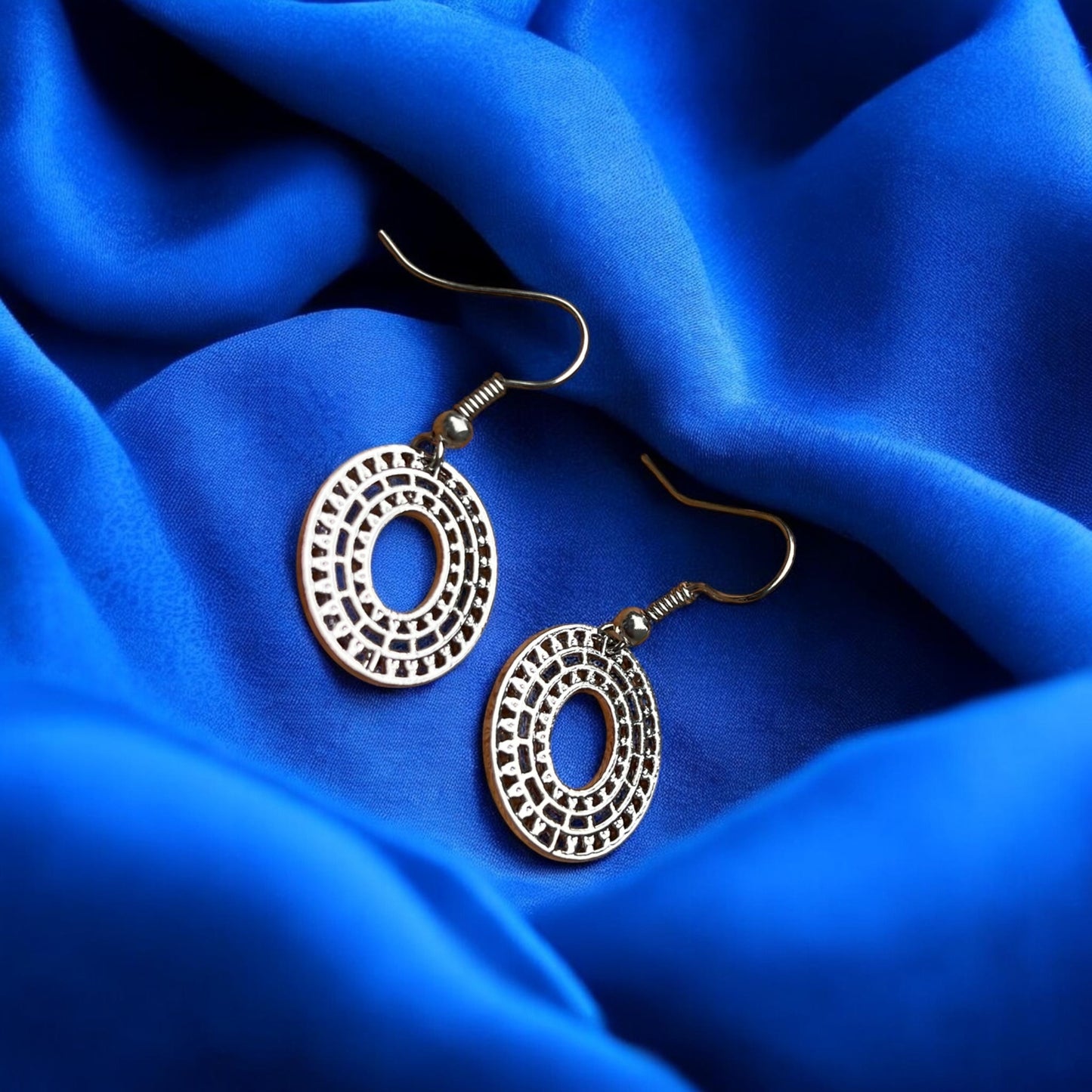 Silver Openwork Oval Drop Earrings | Geometric Dangle Earrings