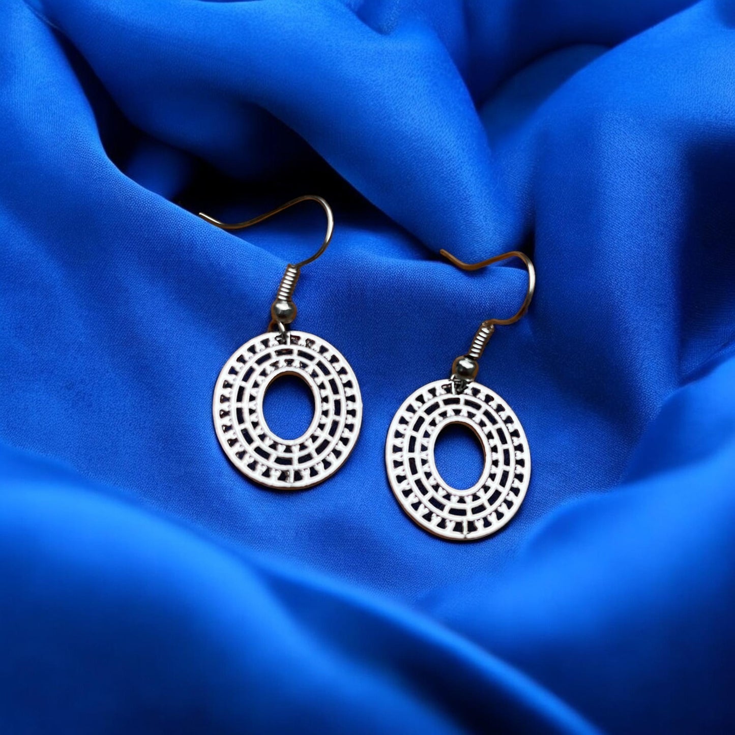 Silver Openwork Oval Drop Earrings | Geometric Dangle Earrings