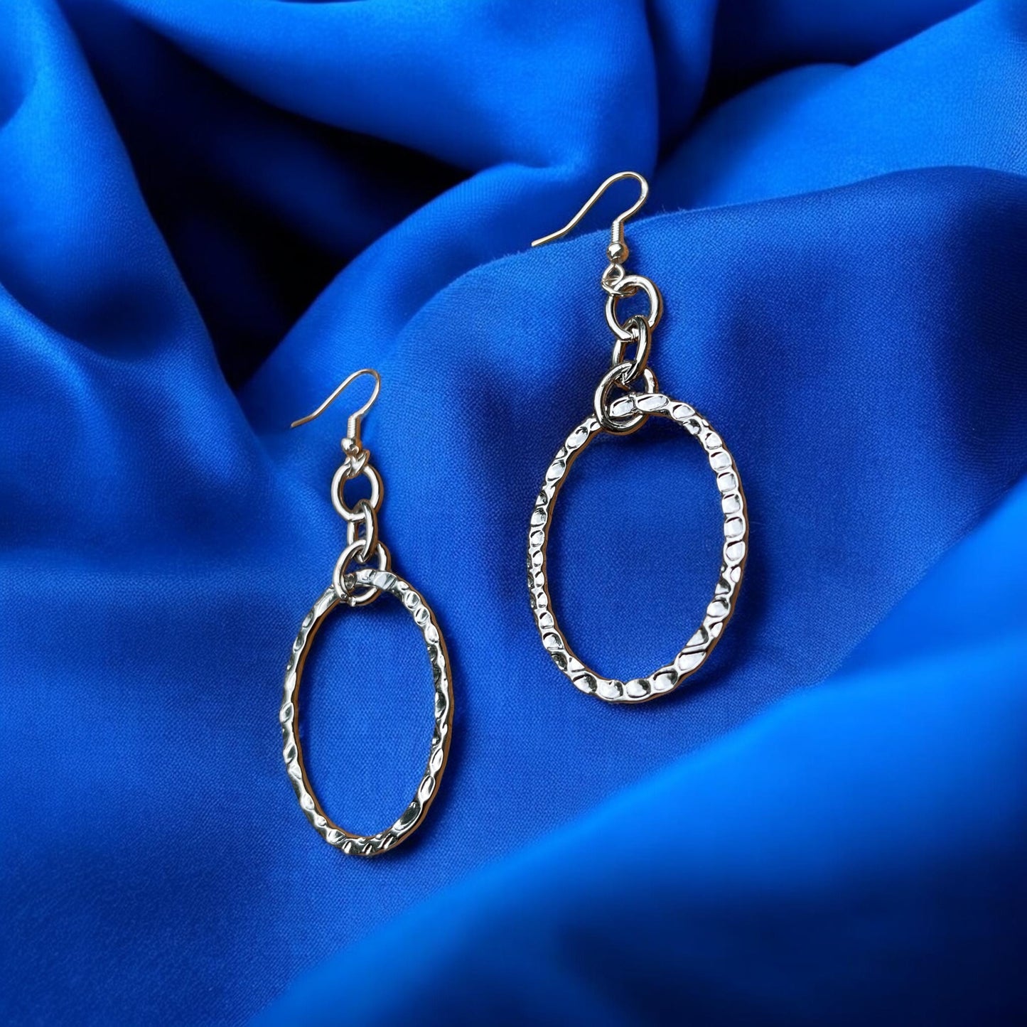 Textured Silver Oval Drop Earrings | Chain Link Dangle Earrings