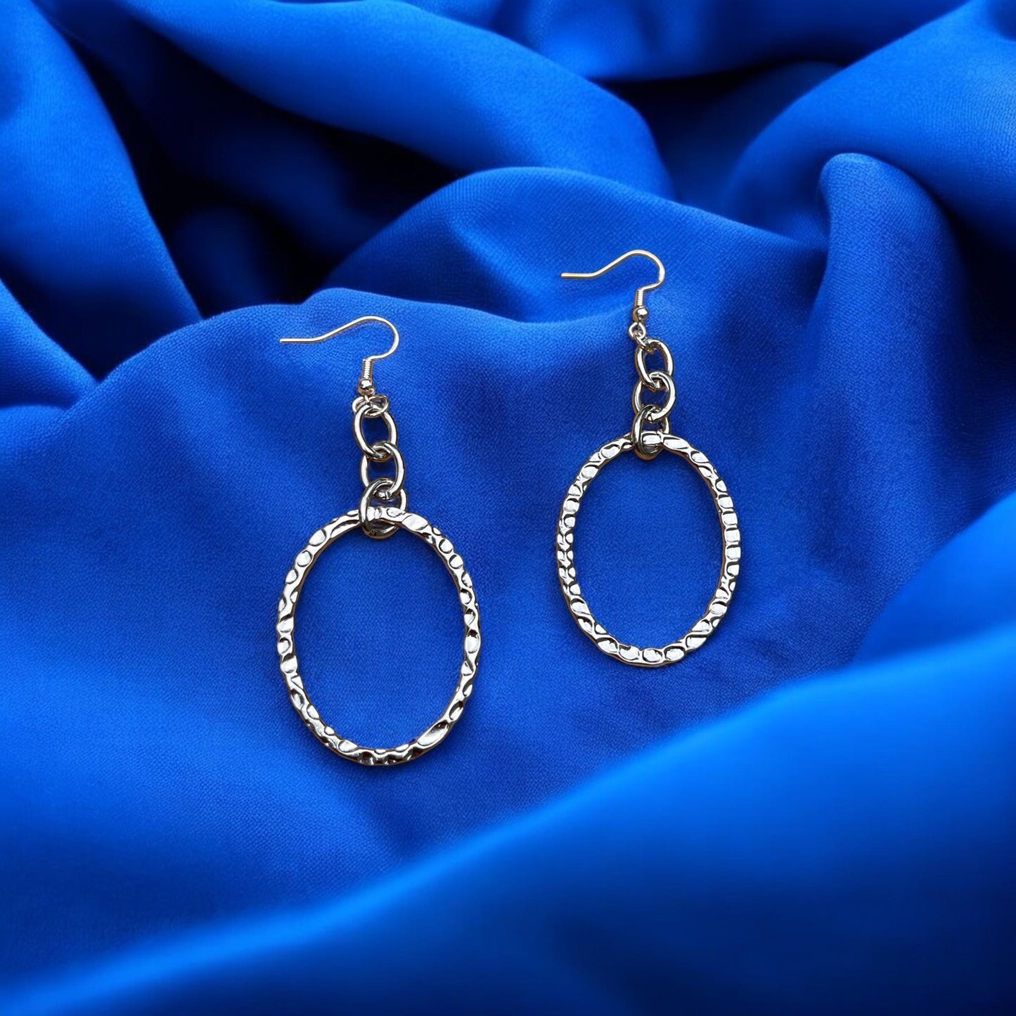 Textured Silver Oval Drop Earrings | Chain Link Dangle Earrings