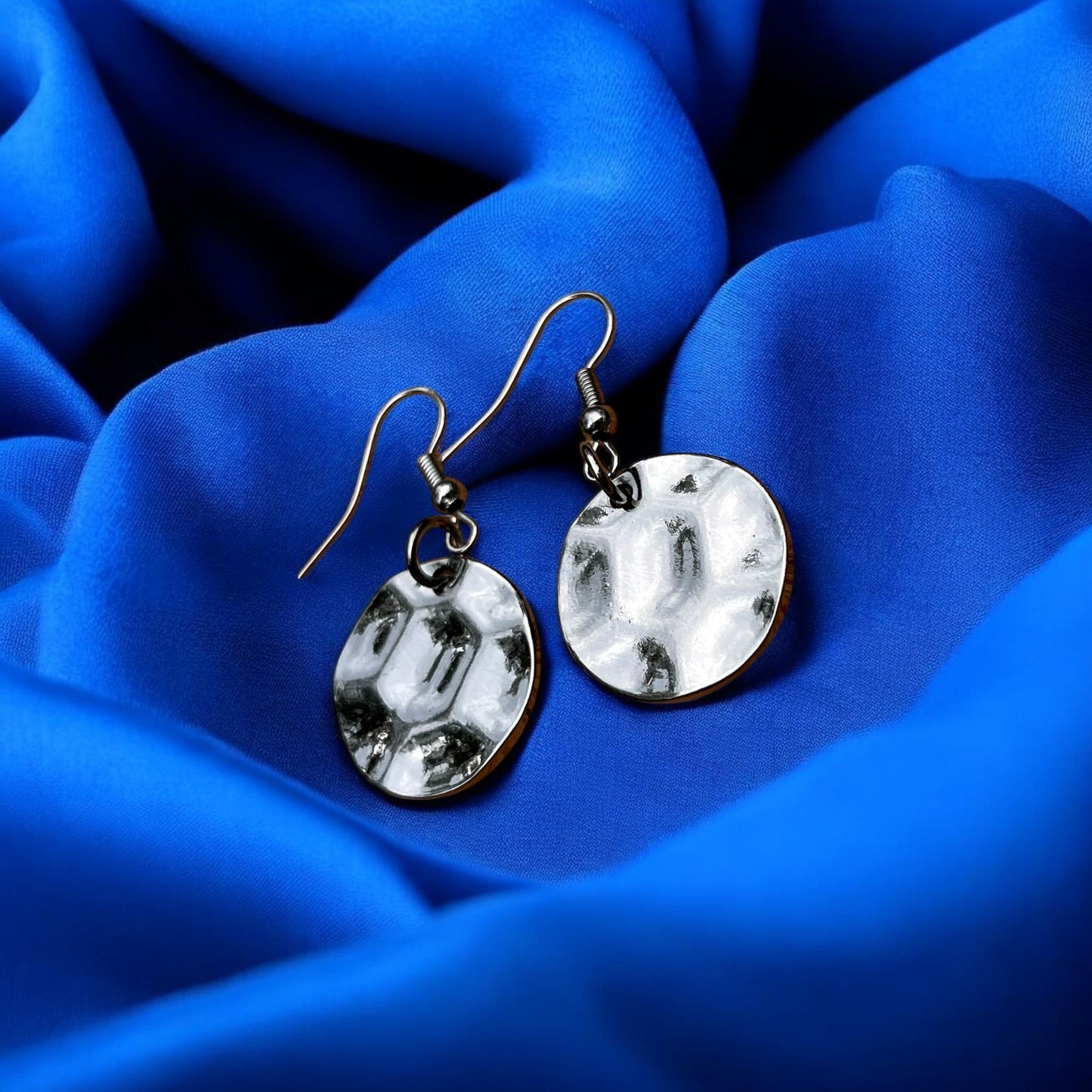 Textured Silver Disc Drop Earrings | Minimalist Round Dangle Earrings