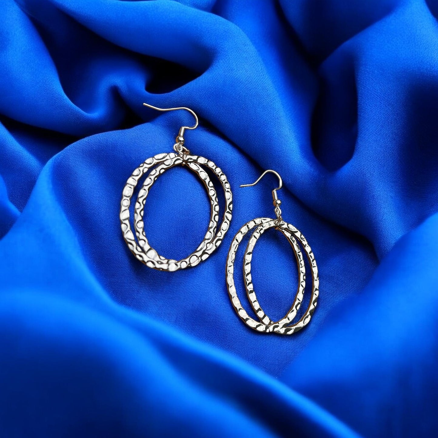 Hammered Silver Double Oval Drop Earrings | Textured Statement Earrings