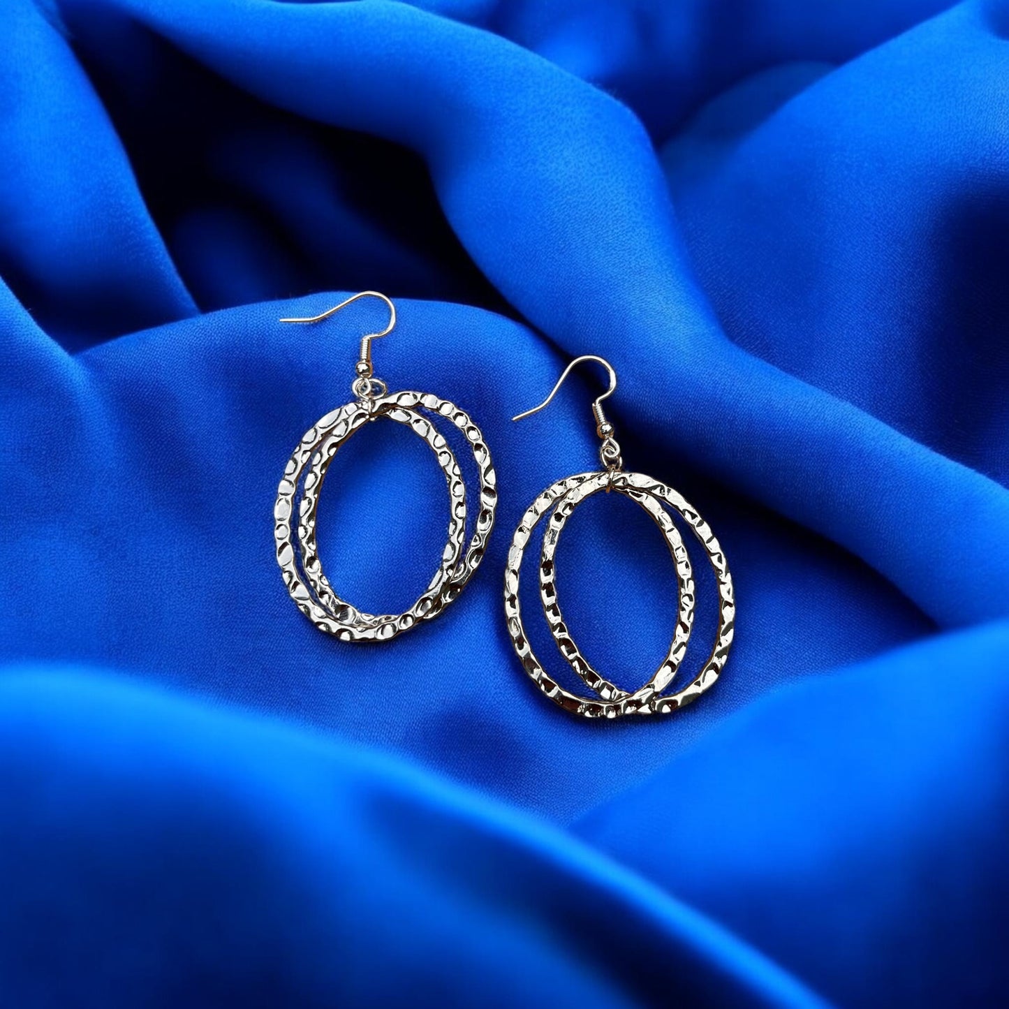 Hammered Silver Double Oval Drop Earrings | Textured Statement Earrings