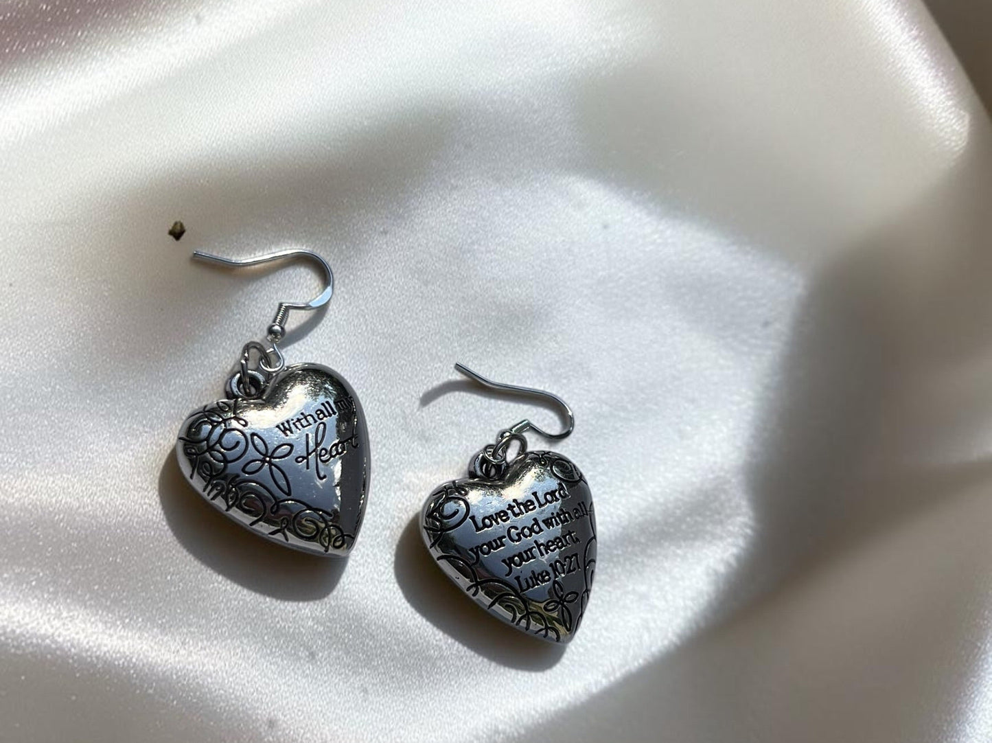 Luke 10:27 Silver Heart Scripture Earrings