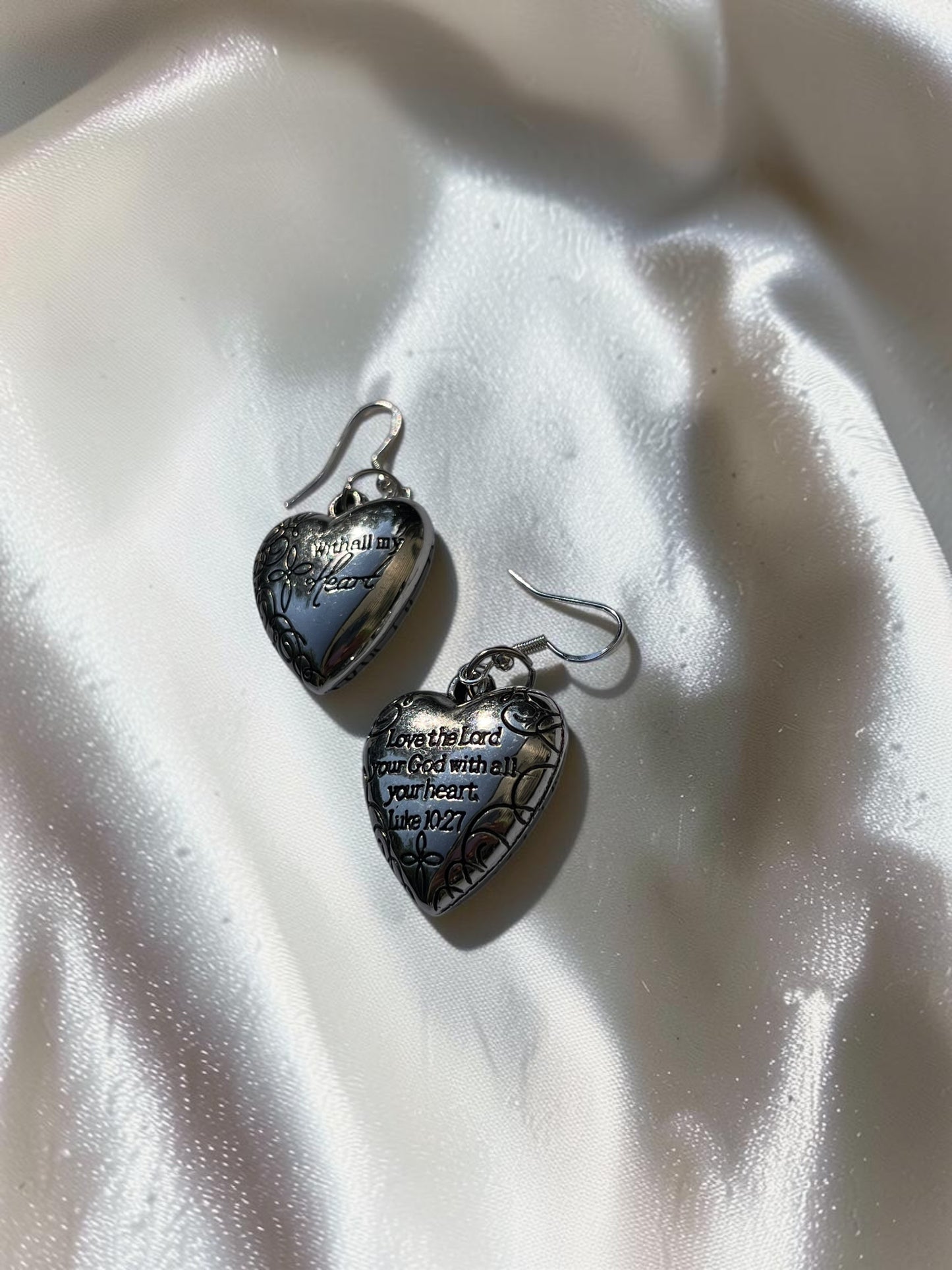 Luke 10:27 Silver Heart Scripture Earrings