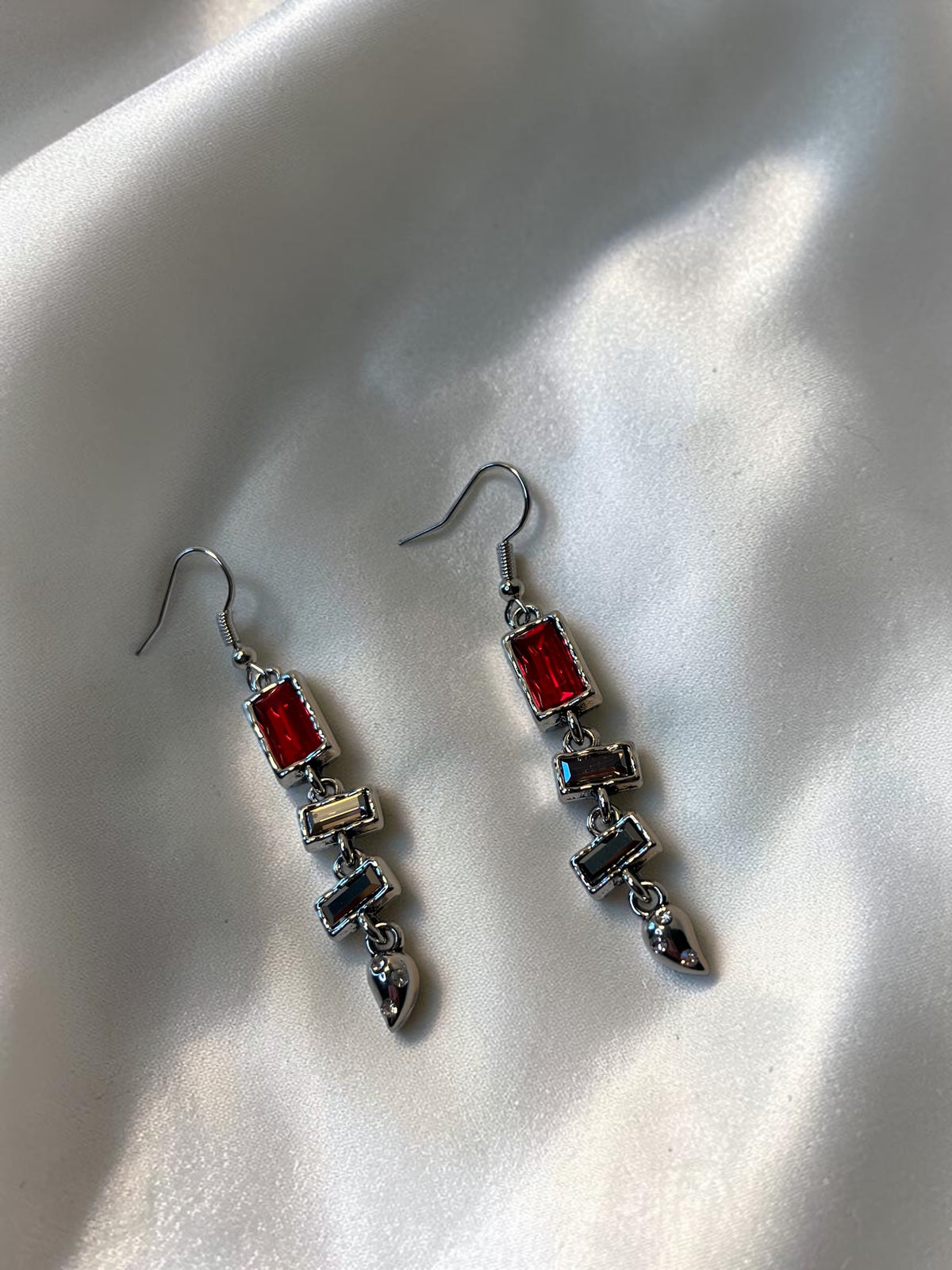 Red and Gunmetal Geometric Drop Earrings