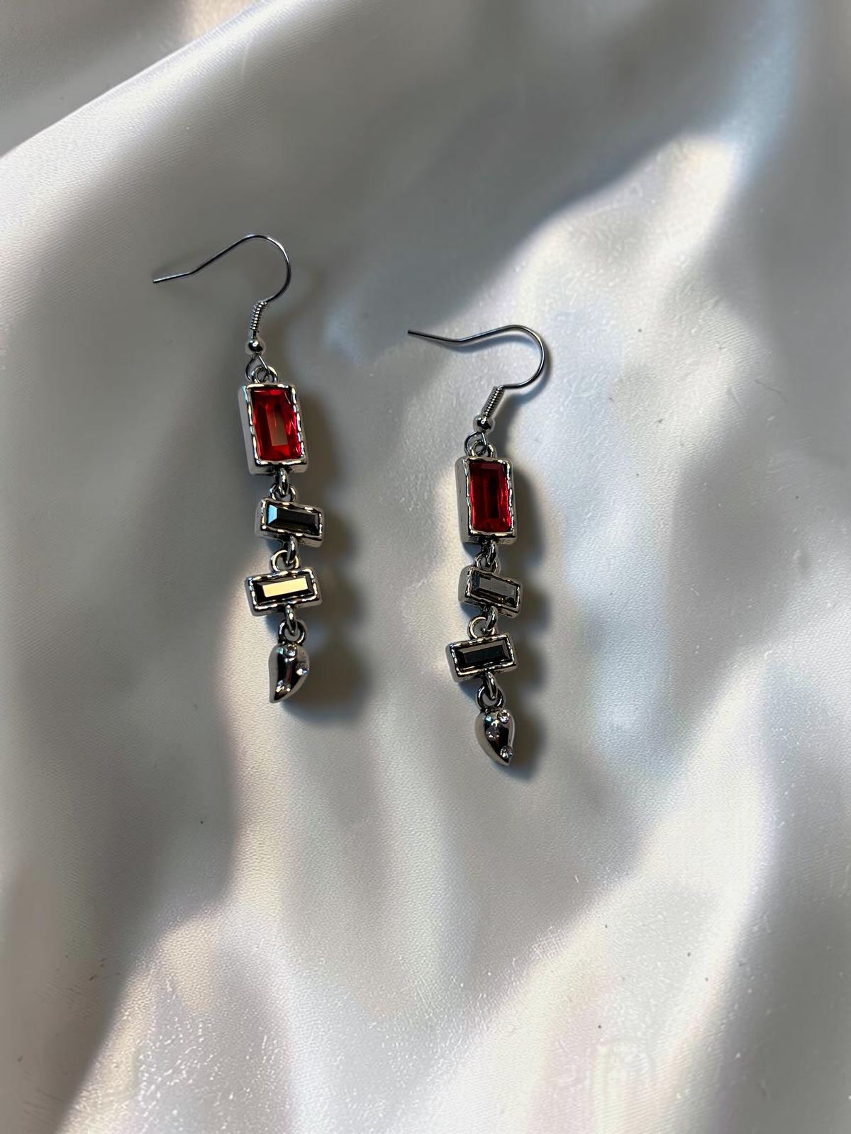 Red and Gunmetal Geometric Drop Earrings