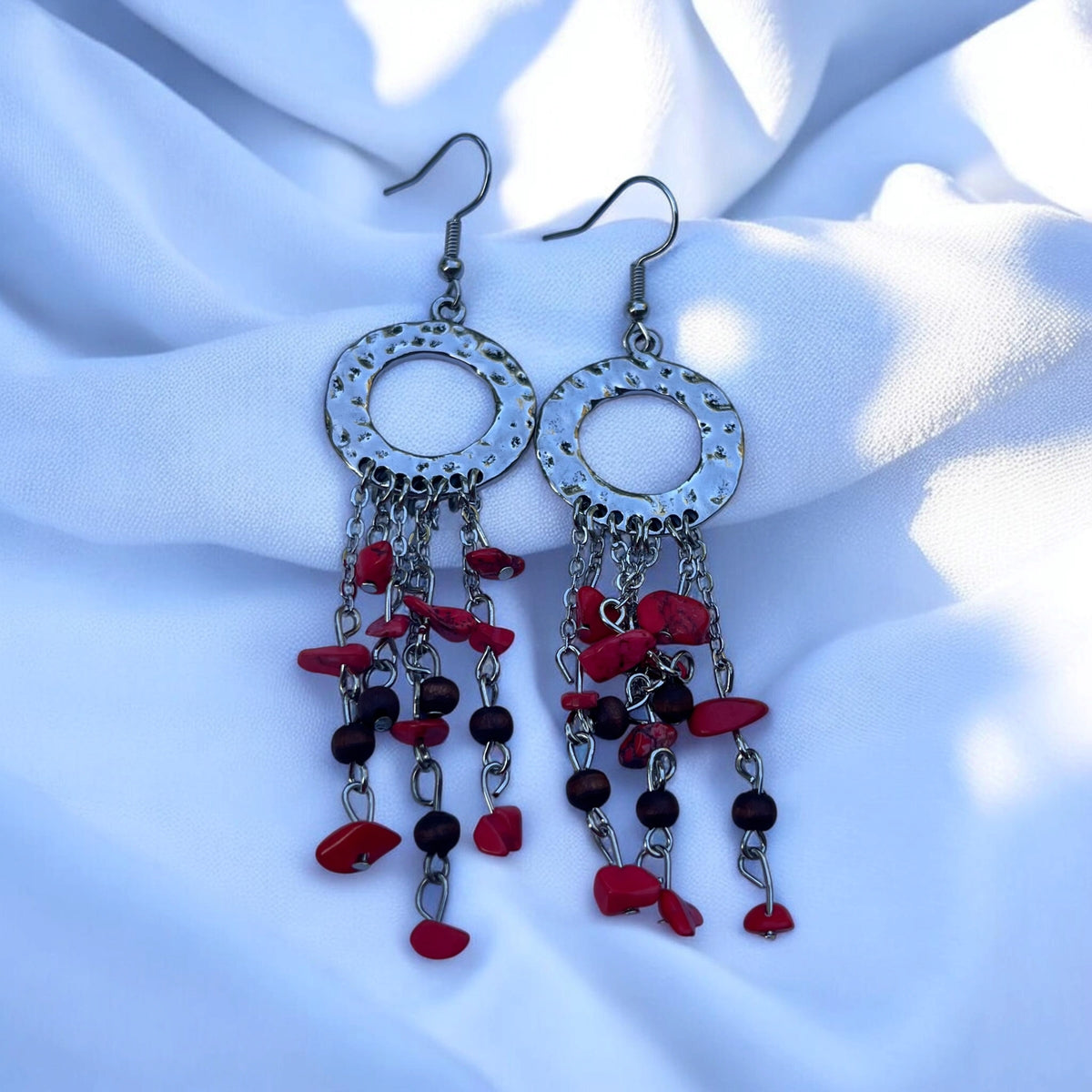 Boho Fringe Earrings Hammered Silver Hoop Dangles