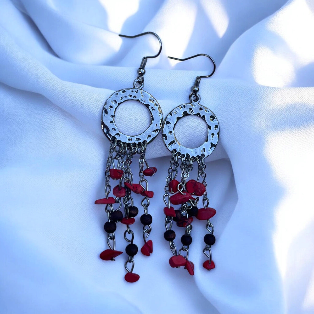 Boho Fringe Earrings Hammered Silver Hoop Dangles