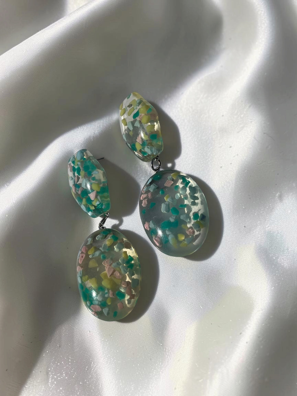 Abstract Terrazzo Resin Drop Earrings | 3” Lightweight Green Confetti Statement Earrings