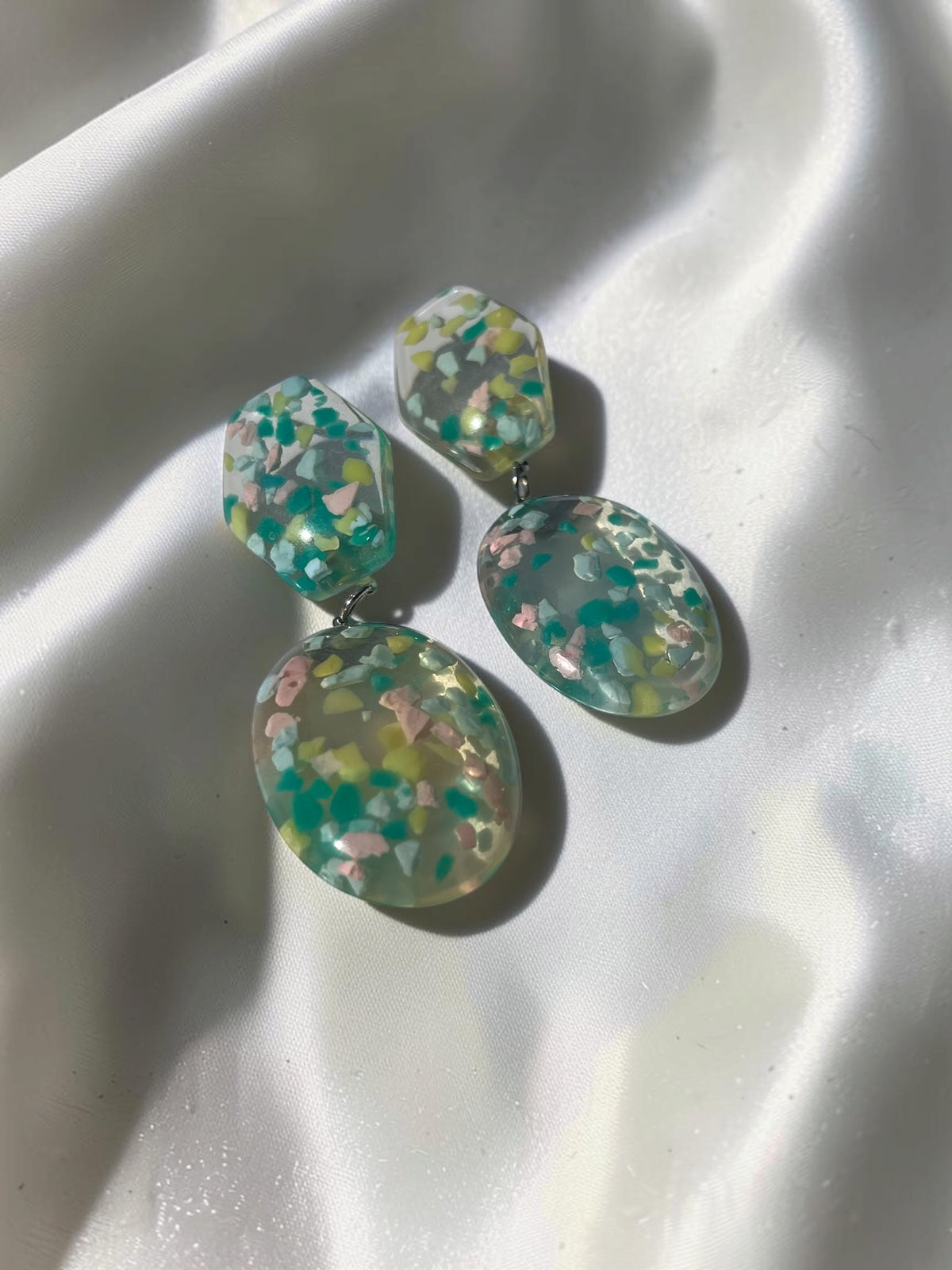 Abstract Terrazzo Resin Drop Earrings | 3” Lightweight Green Confetti Statement Earrings