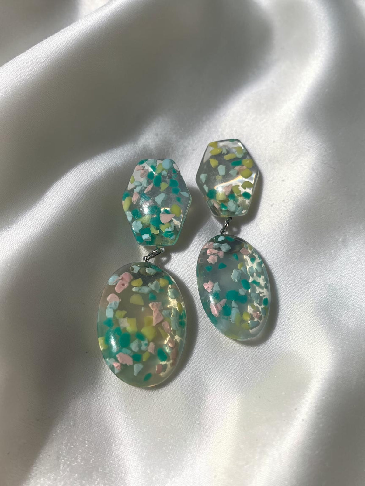 Abstract Terrazzo Resin Drop Earrings | 3” Lightweight Green Confetti Statement Earrings
