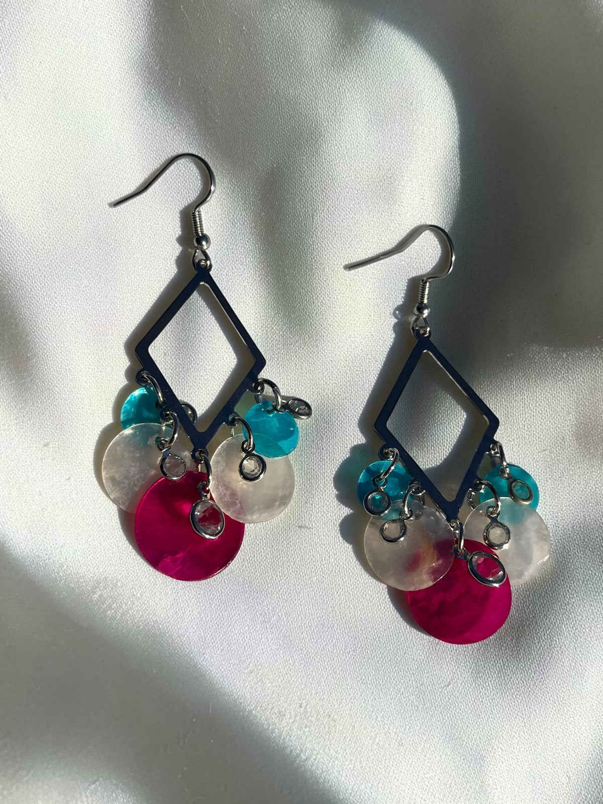 Colorful Geometric Chandelier Earrings | Pink & Turquoise Statement Drops
