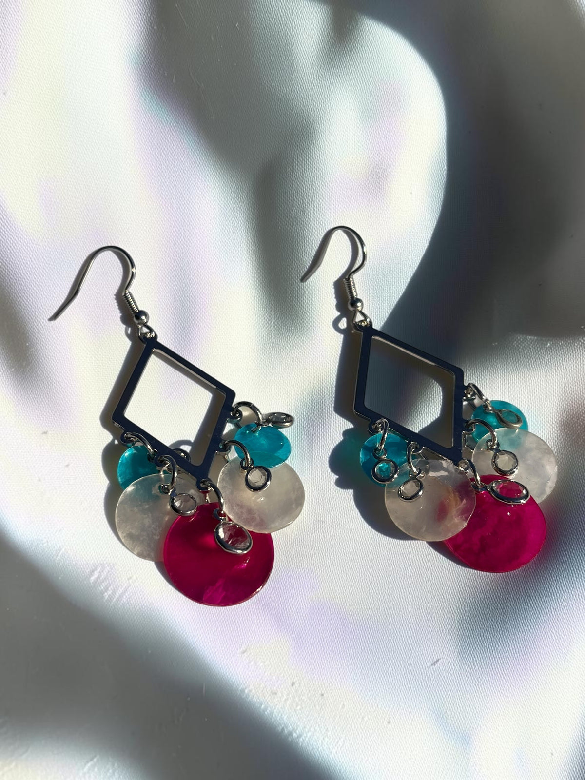 Colorful Geometric Chandelier Earrings | Pink & Turquoise Statement Drops