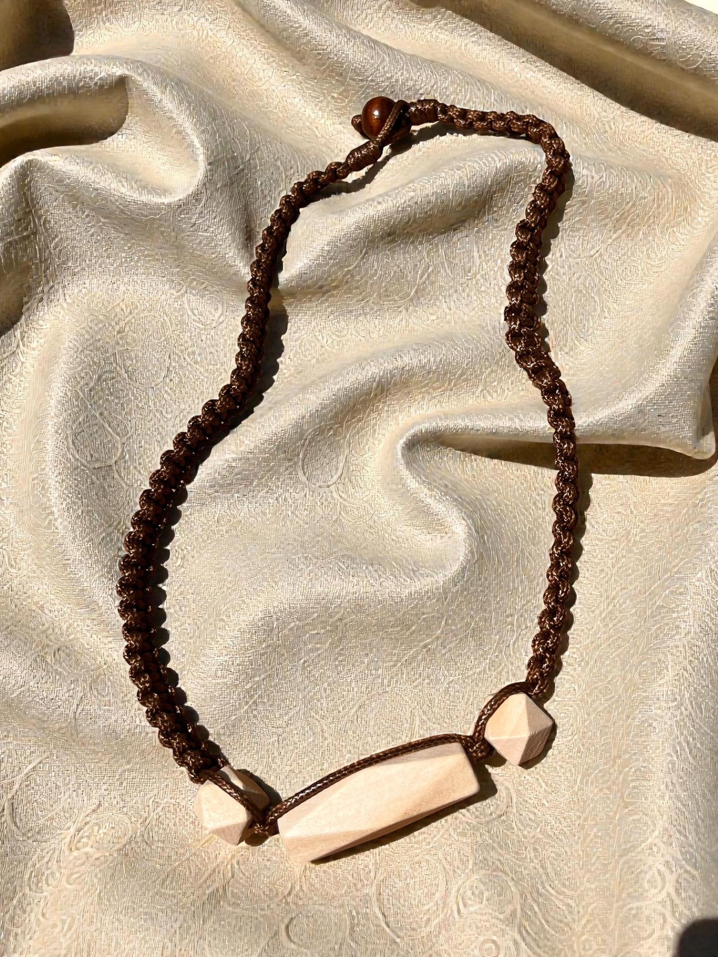 Geometric Wood Bead Necklace | Minimalist Boho Cord Necklace | Adjustable Sliding Knot Necklace | Natural Wood Statement Jewelry