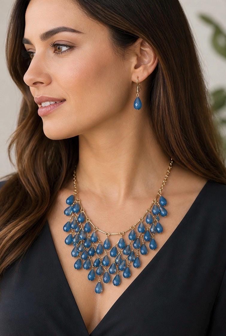 Layered Blue Teardrop Bib Necklace and Earrings Set | Boho Evening Jewelry