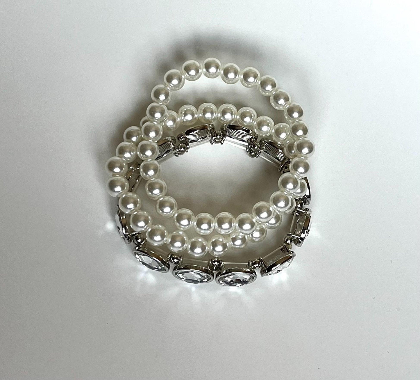 Pearl Bracelet Set with Rhinestones | Bridal Jewelry Set | Elegant White Beaded Stretch Bracelets | Wedding Jewelry | Classic Glam