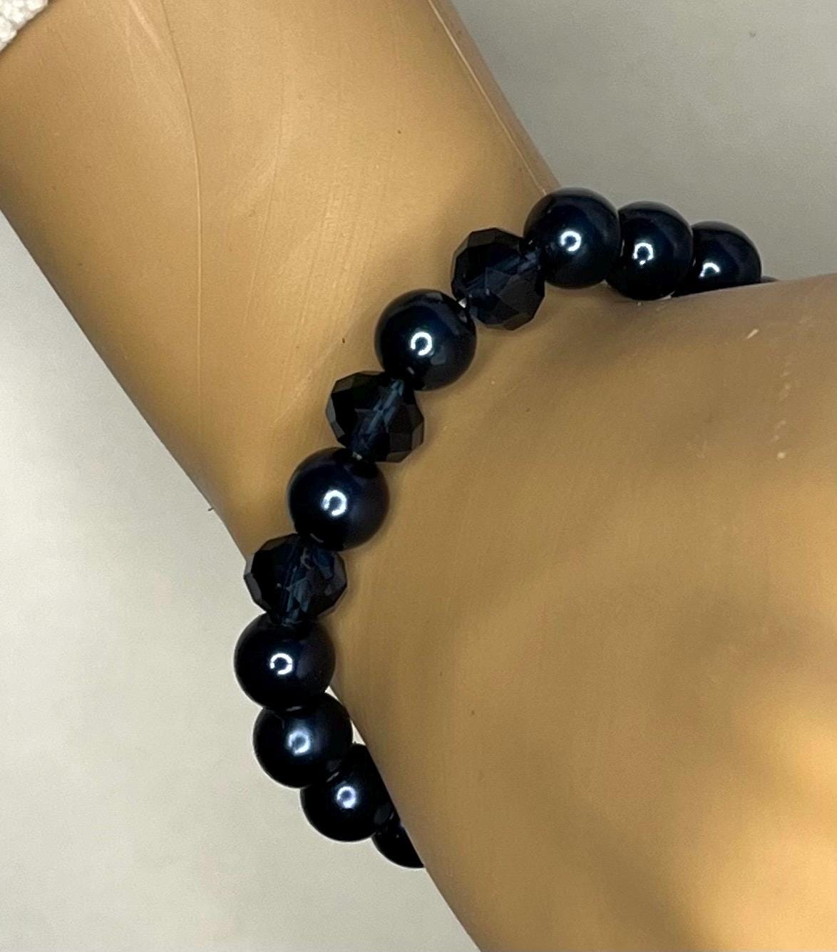 Navy Beaded Bracelet, Stretch Bracelet with Crystal Accents, Minimalist Black Jewelry, Elegant Stackable Bracelet, Everyday Bracelet, Gift