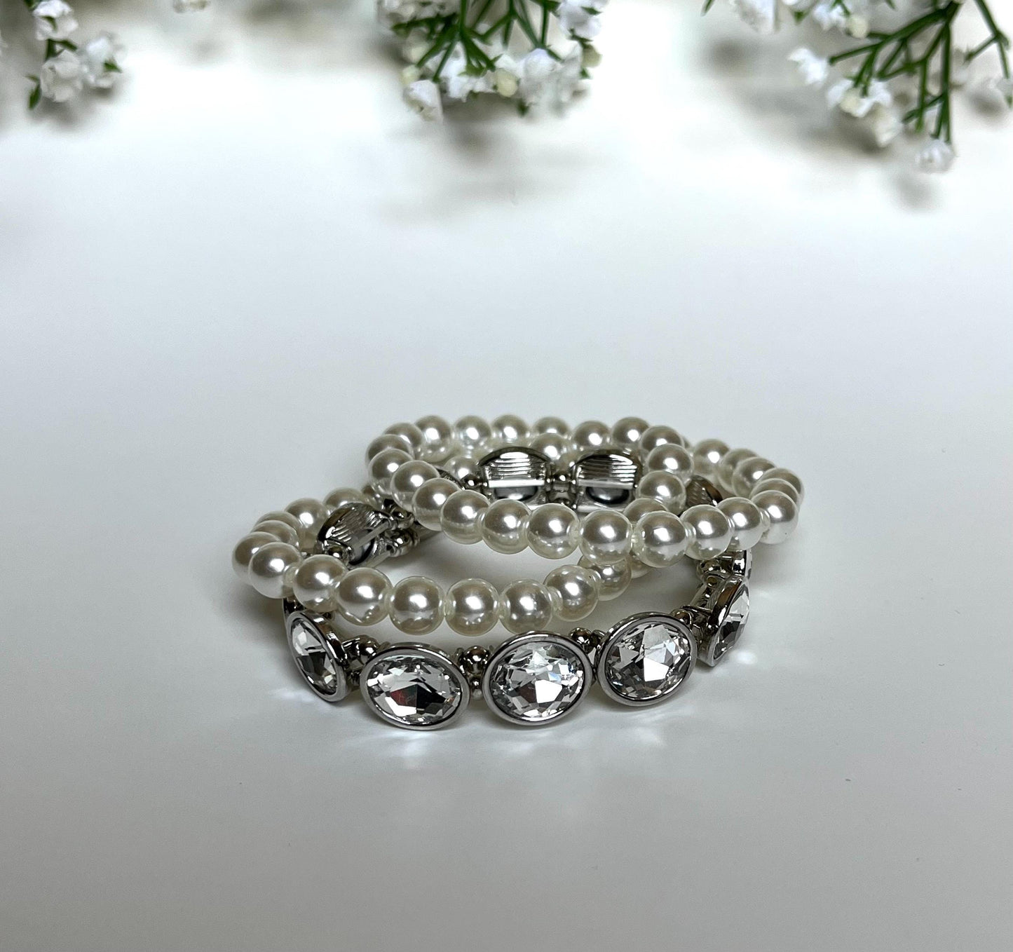 Pearl Bracelet Set with Rhinestones | Bridal Jewelry Set | Elegant White Beaded Stretch Bracelets | Wedding Jewelry | Classic Glam