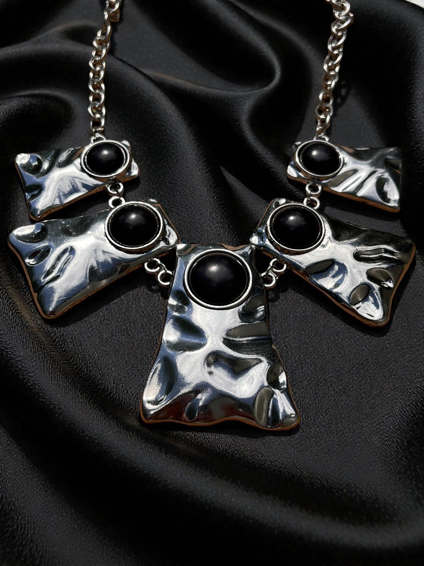 Bold Silver Statement Necklace | Black Stone Hammered Metal Necklace | Abstract Geometric Jewelry | Chunky Runway Necklace | Modern Art Jewe