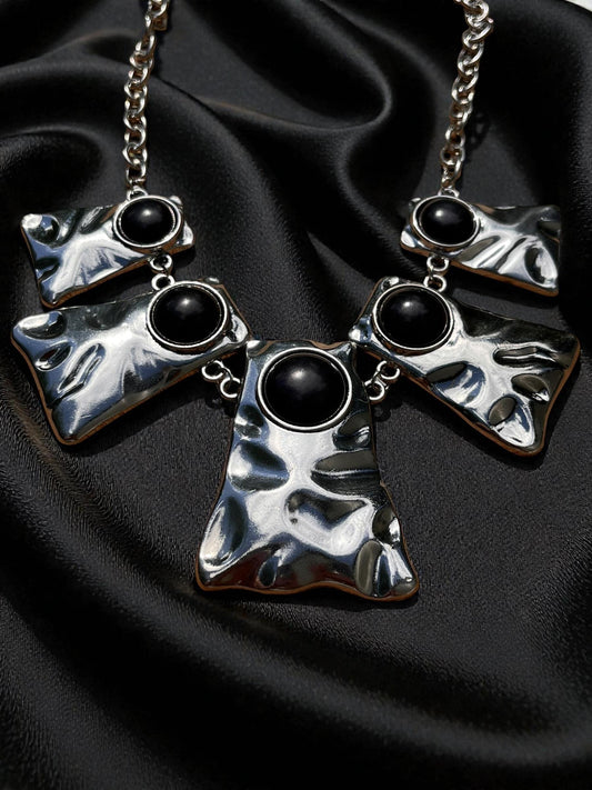 Bold Silver Statement Necklace | Black Stone Hammered Metal Necklace | Abstract Geometric Jewelry | Chunky Runway Necklace | Modern Art Jewe