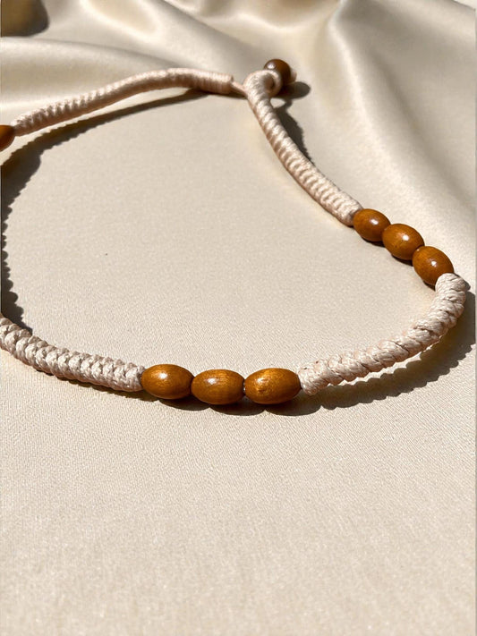 Cream Braided Cord Necklace with Wooden Beads | Neutral Boho Necklace | Minimalist Beach Jewelry | Lightweight Artisan Necklace