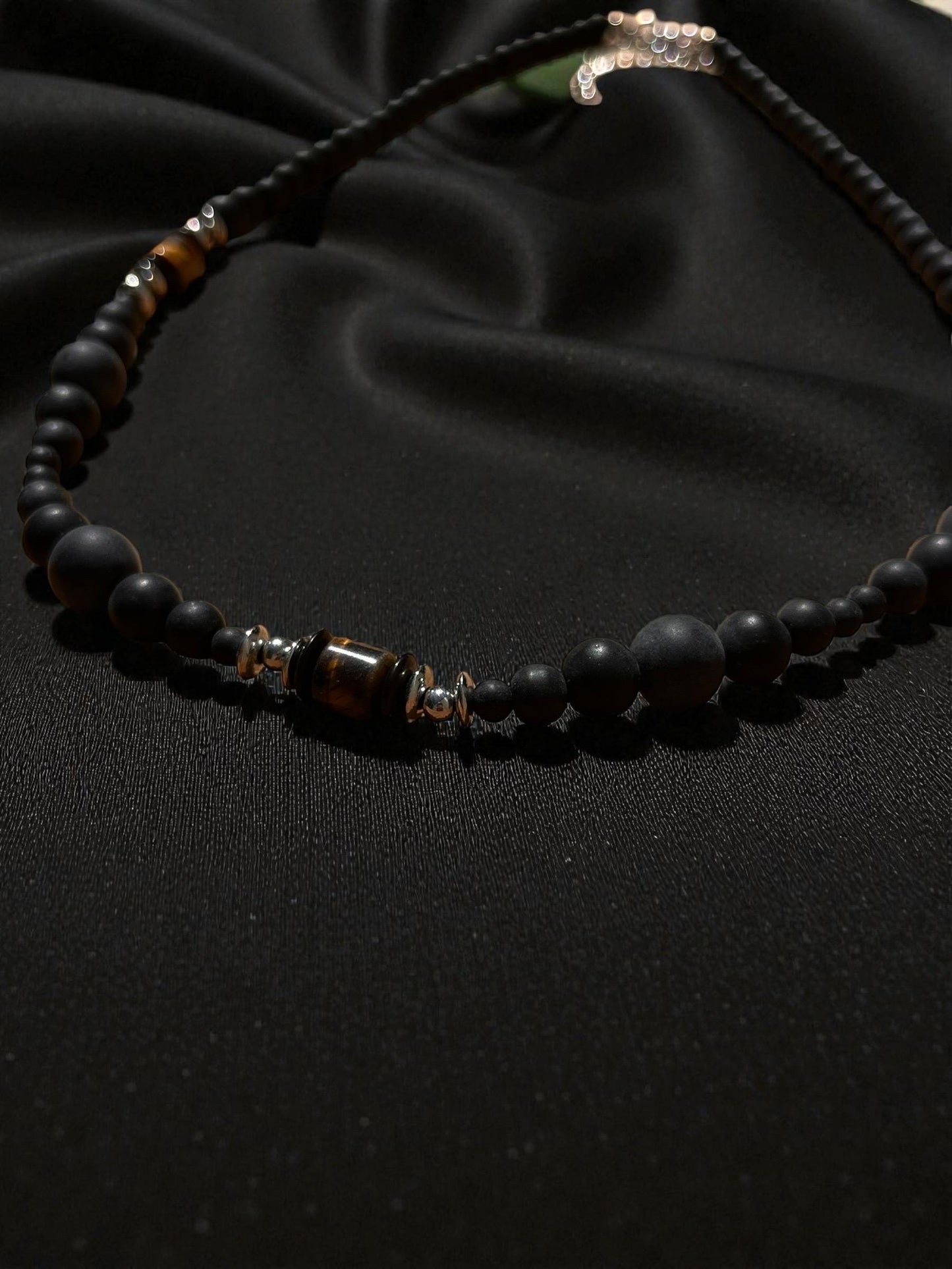 Men’s Black Beaded Necklace | Tiger Eye Accent Necklace | Minimalist Men’s Stone Necklace | Modern Boho Men’s Jewelry