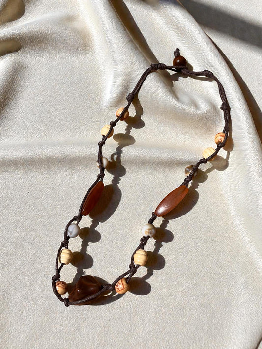 Earthy Boho Beaded Necklace | Adjustable Cord Necklace | Natural Stone & Wood Bead Jewelry | Artisan Bohemian Necklace